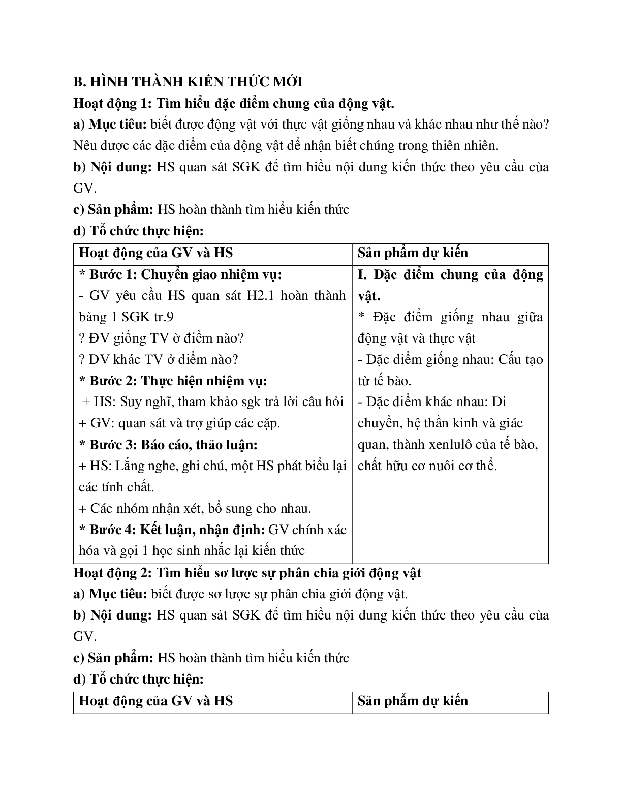 Giáo án Sinh học 7 Bài 2: Phân biệt động vật với thực vật. Đặc điểm chung của động vật mới nhất (trang 2)