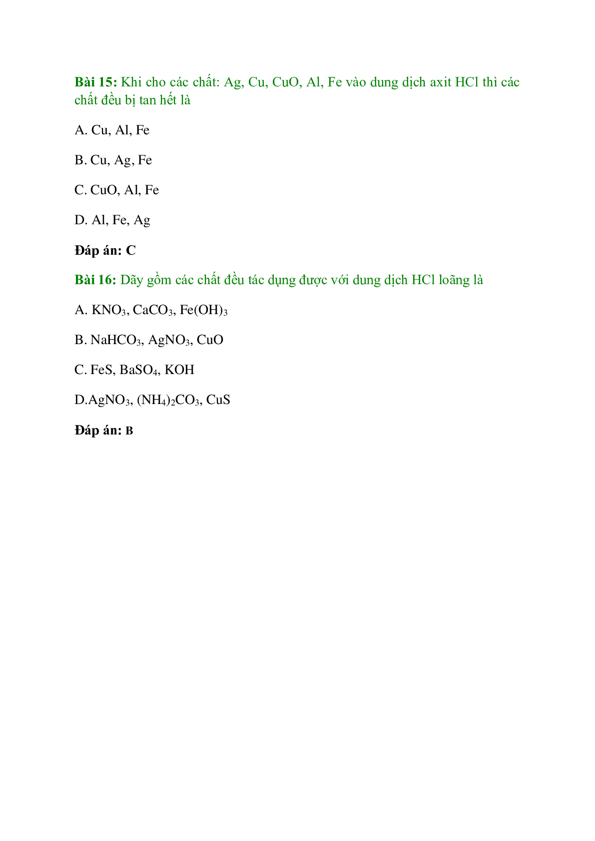 Trắc nghiệm Hiđro clorua - Axit clohiđric và muối clorua có đáp án - Hóa học 10 (trang 6)