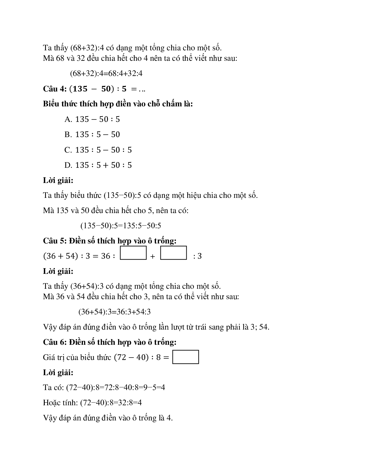 29 câu Trắc nghiệm Chia một tổng cho một số có đáp án 2023 – Toán lớp 4 (trang 2)