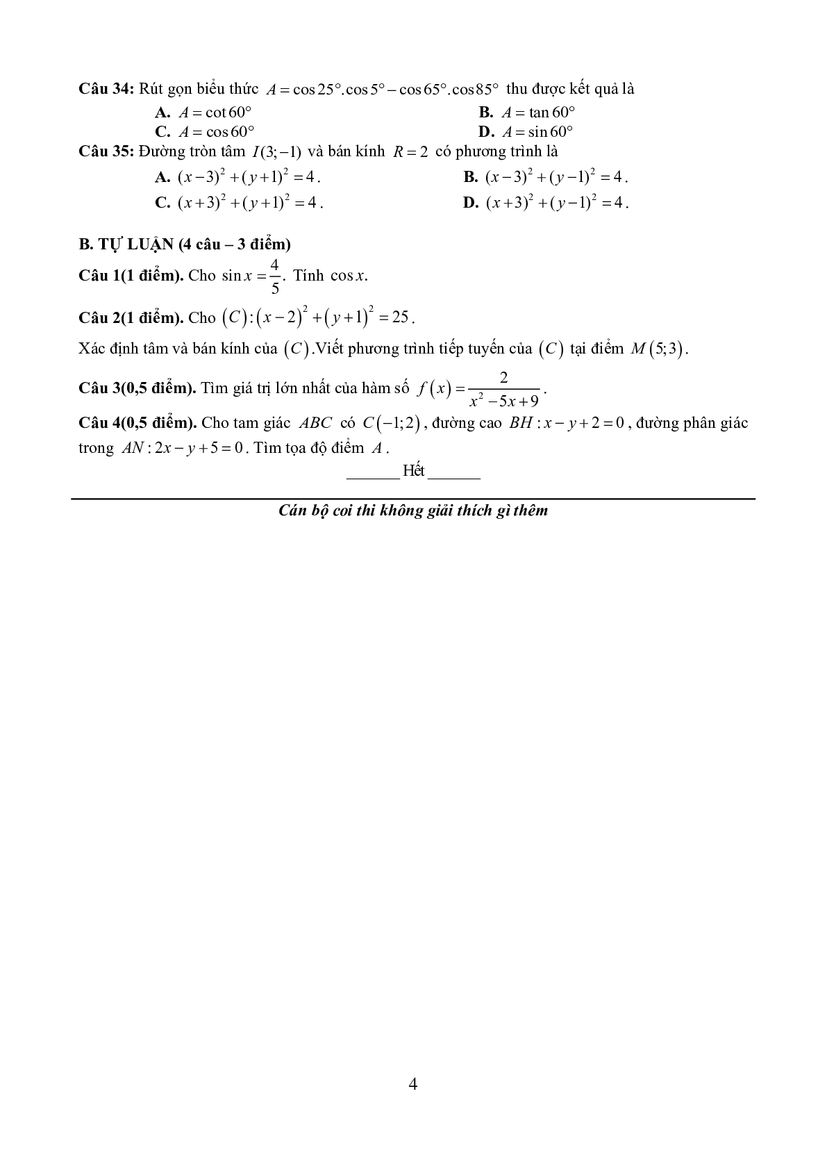 Đề thi cuối kì 2 môn toán 10 trườngTHPT ĐoànThượng năm học 2020-2021 (trang 4)