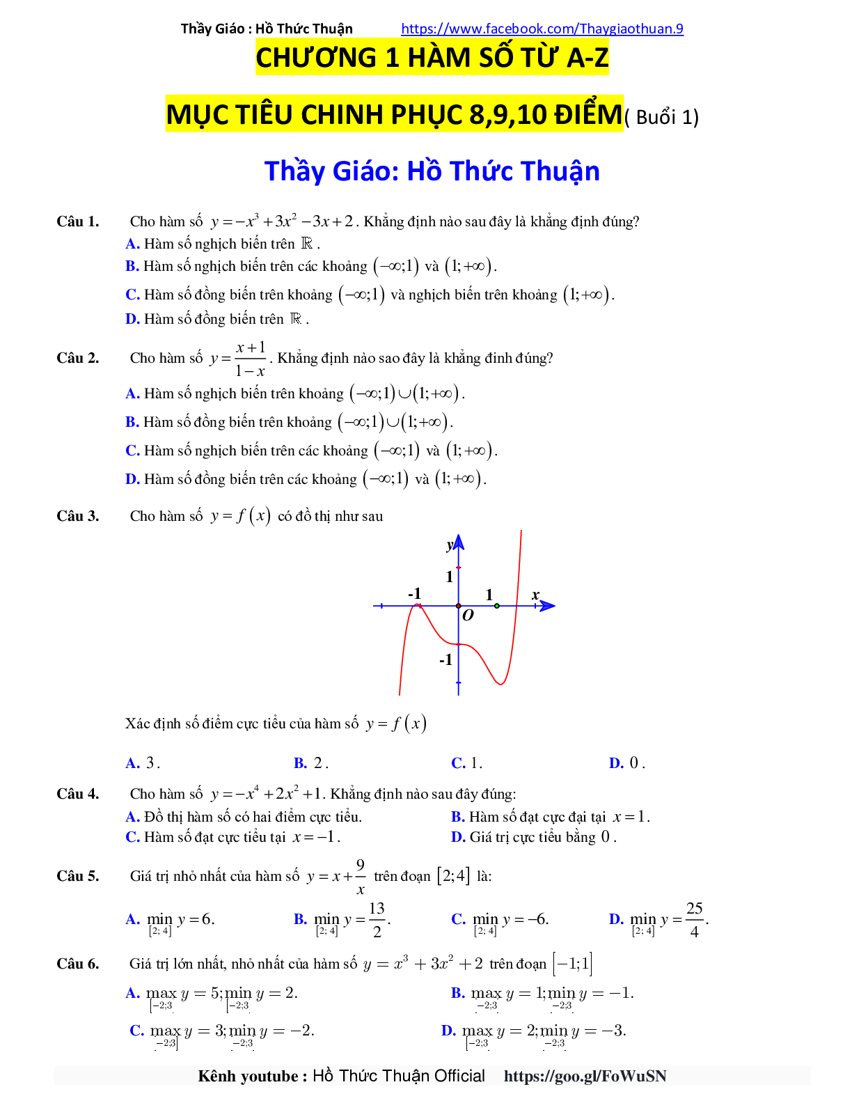 54 câu trắc nghiệm ôn tập chuyên đề Hàm số (trang 1)