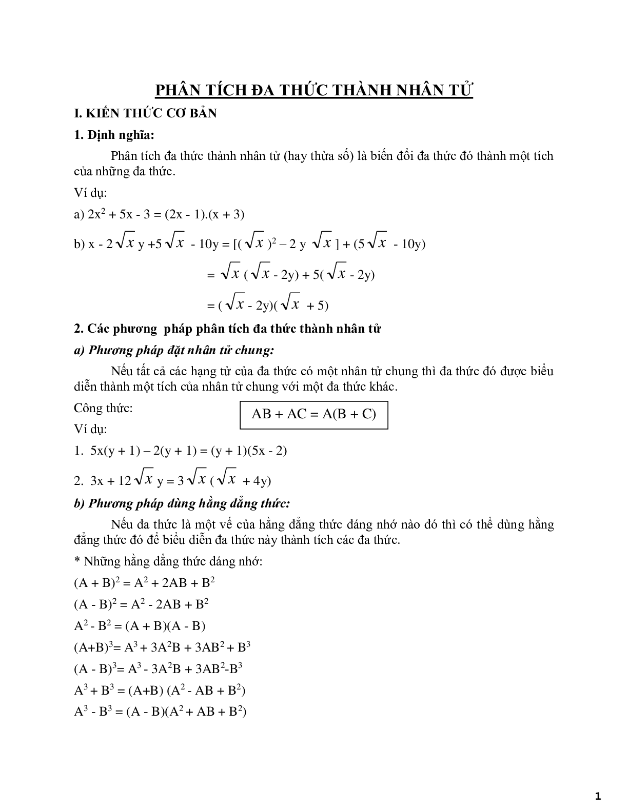 Phương pháp phân tích đa thức thành nhân tử có ví dụ (trang 1)