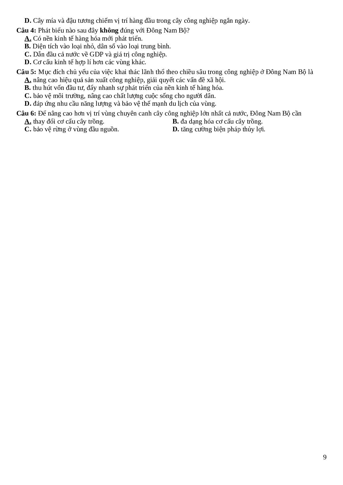 Bài tập Trắc nghiệm Địa Lí 12 bài 25 - 29 có đáp án (trang 9)