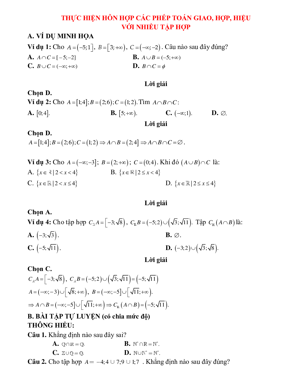 Bài tập tự luyện thực hiện hỗn hợp các phép toán với nhiều tập hợp Toán 10 (trang 1)
