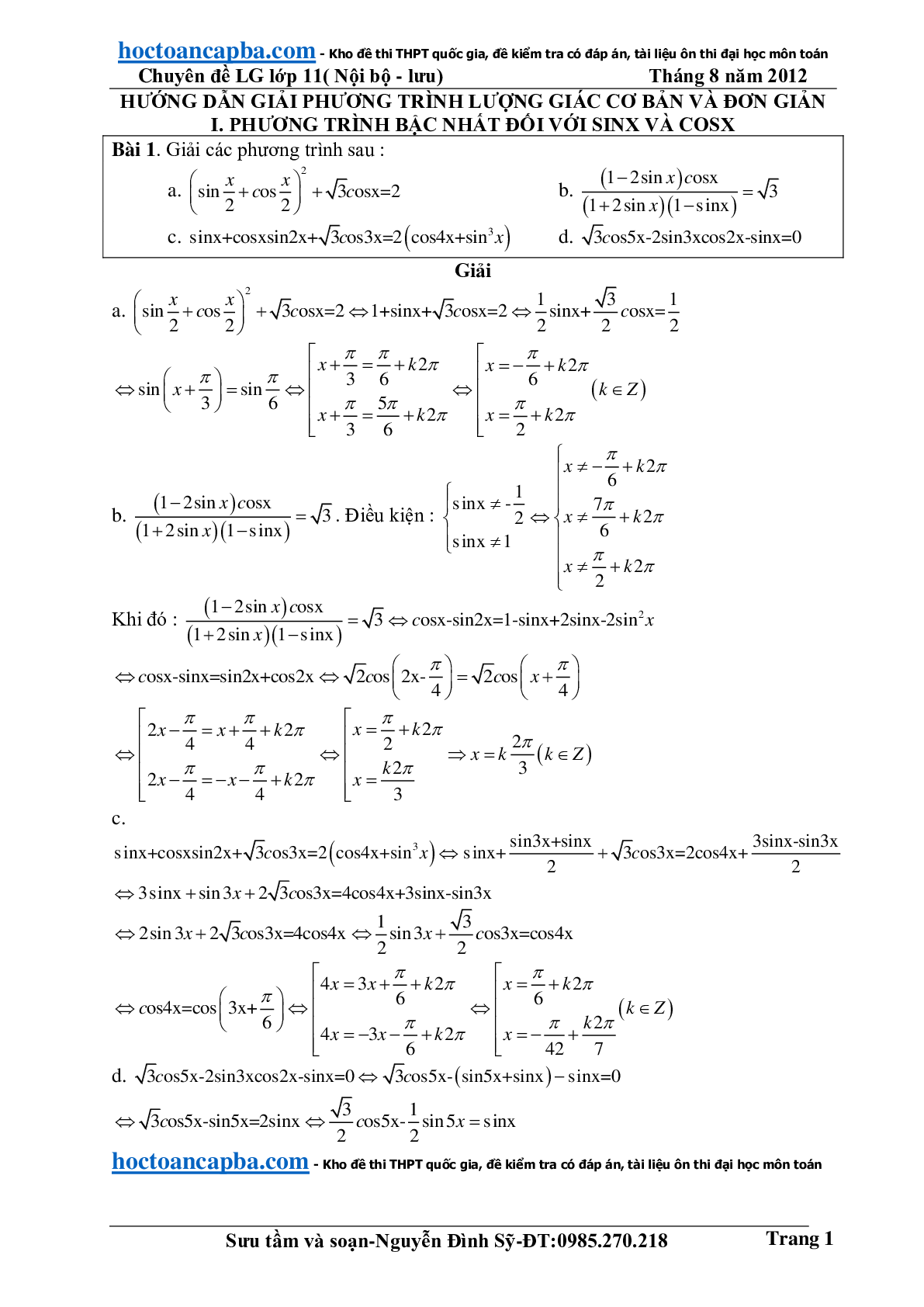 Hướng dẫn giải phương trình lượng giác cơ bản và đơn giản (trang 1)