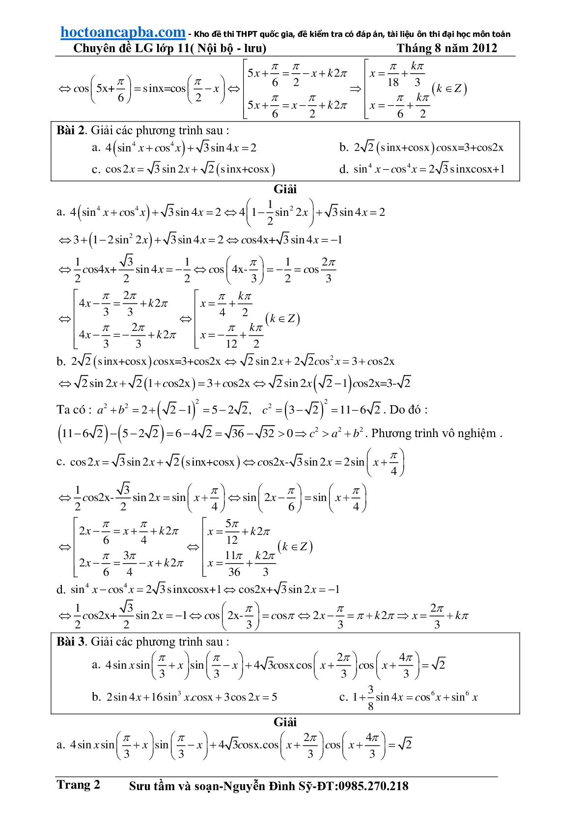 Hướng dẫn giải phương trình lượng giác cơ bản và đơn giản (trang 2)