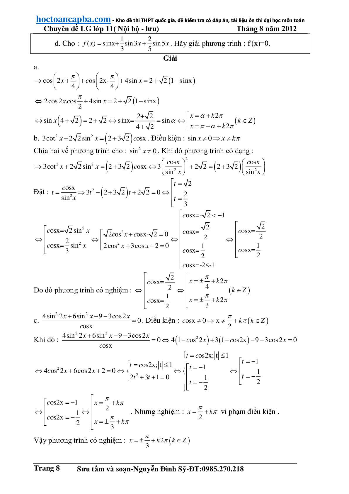 Hướng dẫn giải phương trình lượng giác cơ bản và đơn giản (trang 8)