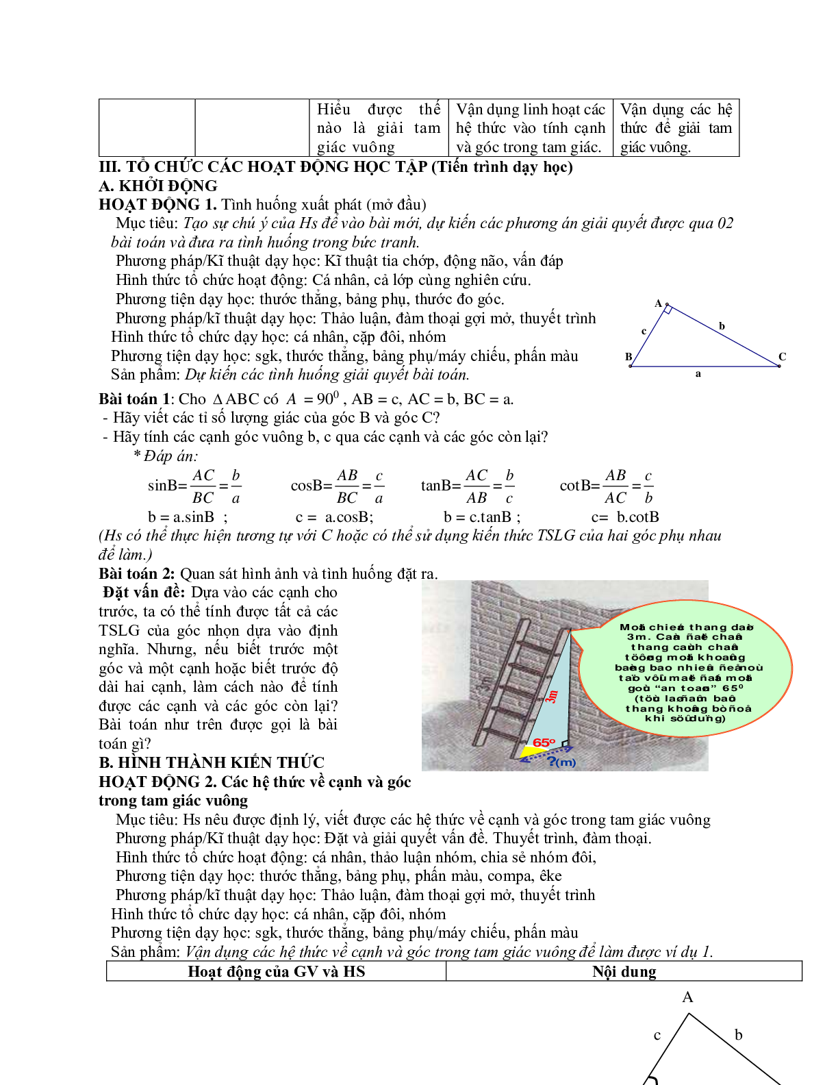 Giáo án Hình học 9 chương 1 bài 4: Một số hệ thức về cạnh và góc trong tam giác vuông mới nhất (trang 2)