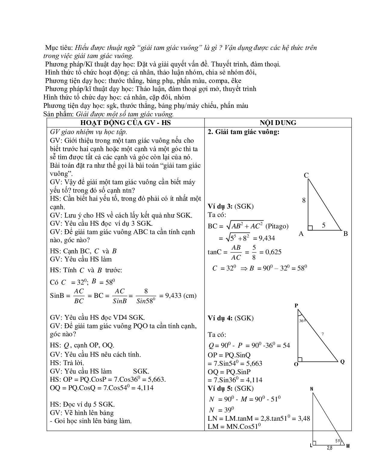 Giáo án Hình học 9 chương 1 bài 4: Một số hệ thức về cạnh và góc trong tam giác vuông mới nhất (trang 4)