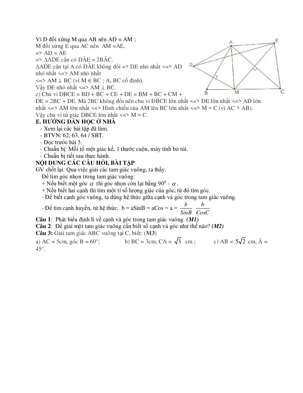 Giáo án Hình học 9 chương 1 bài 4: Một số hệ thức về cạnh và góc trong tam giác vuông mới nhất (trang 9)
