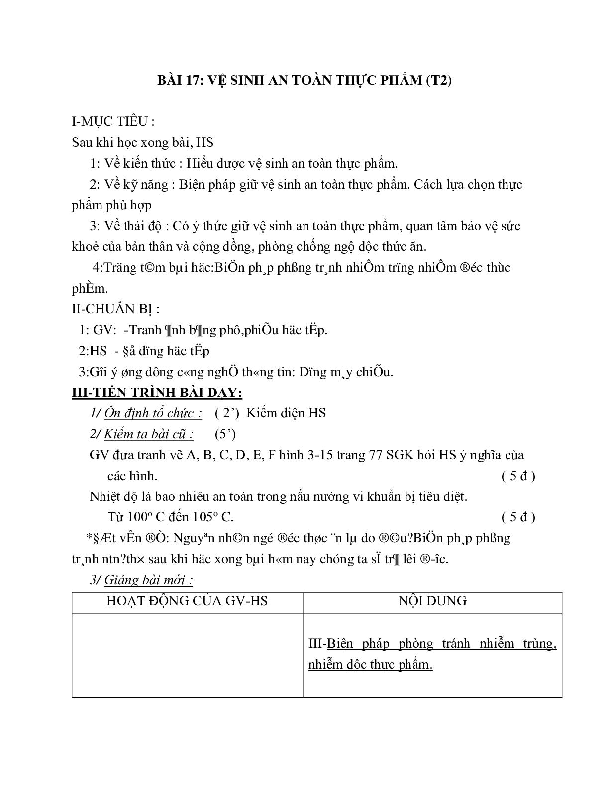 GIÁO ÁN CÔNG NGHỆ 6 BÀI 17: VỆ SINH AN TOÀN THỰC PHẨM (T2) MỚI NHẤT – CV5555 (trang 1)