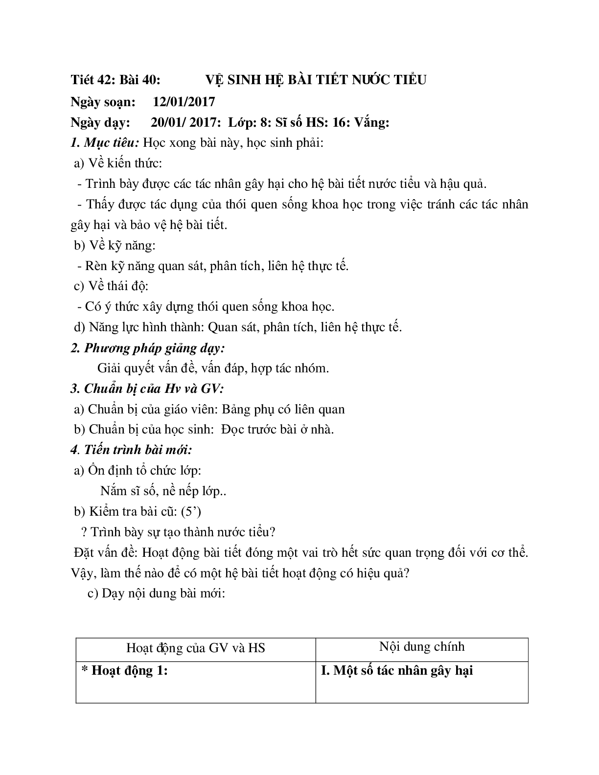 Giáo án Sinh học 8 Bài 40: Bài tiết nước tiểu mới nhất - CV5512 (trang 1)