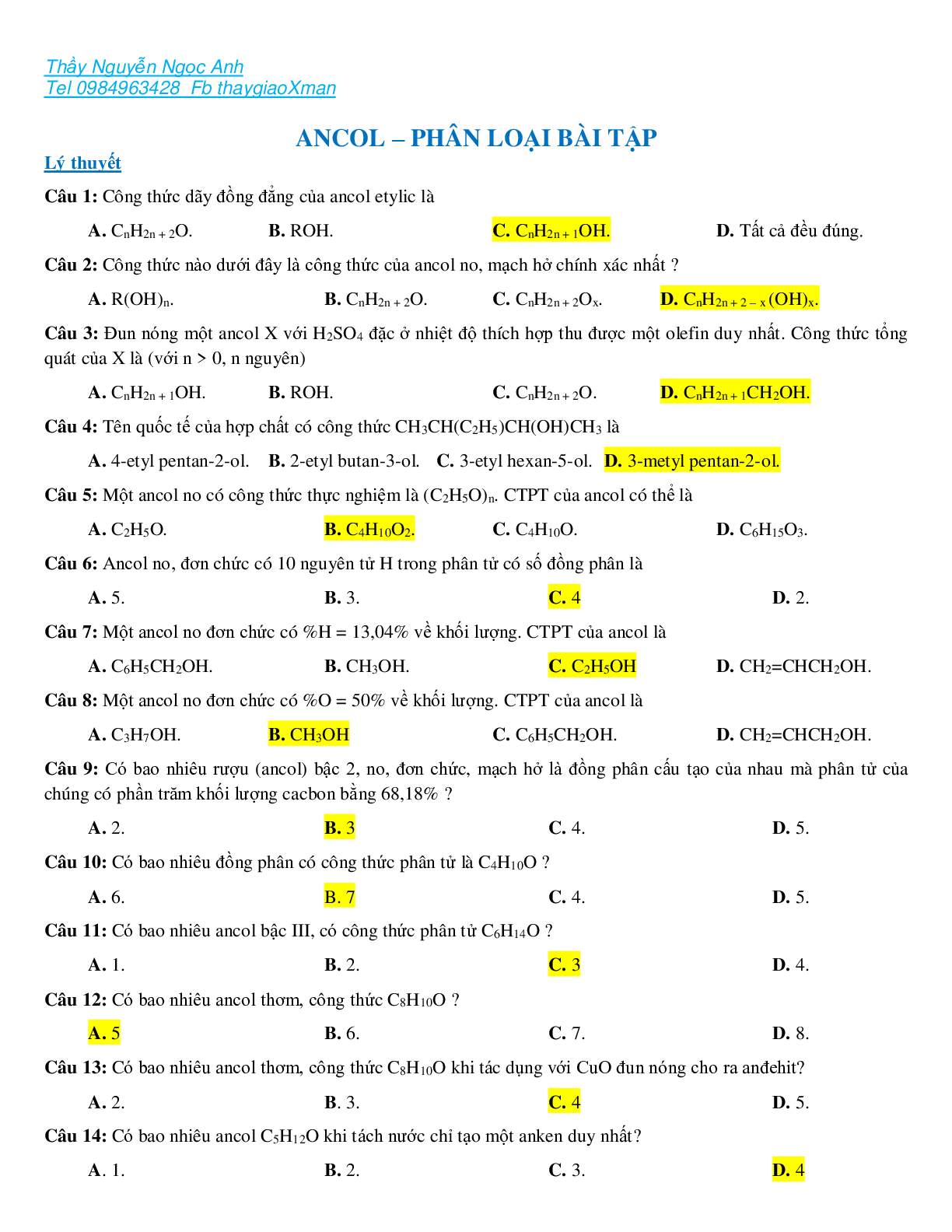 Các dạng bài tập về ancol có đáp án, chọn lọc (trang 1)