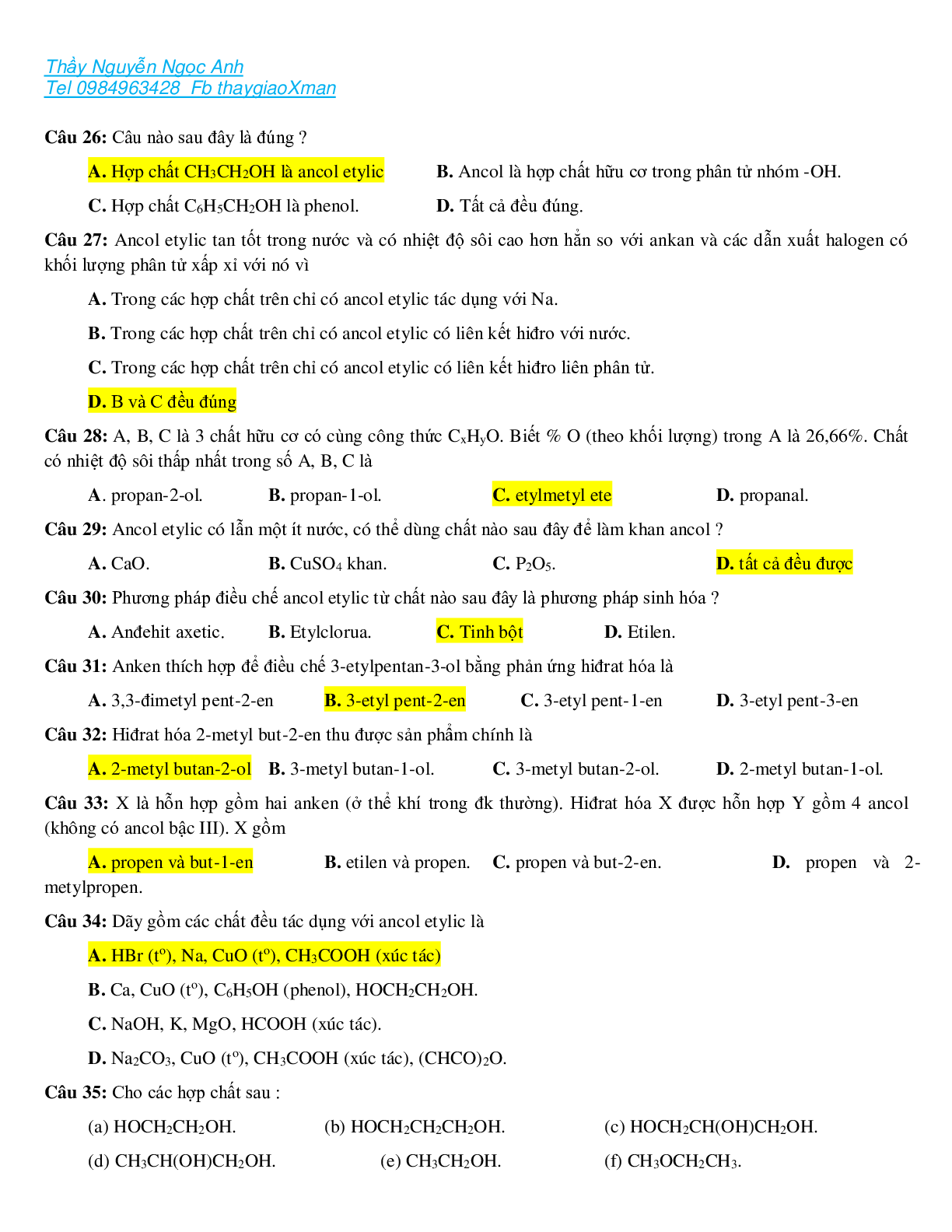 Các dạng bài tập về ancol có đáp án, chọn lọc (trang 3)