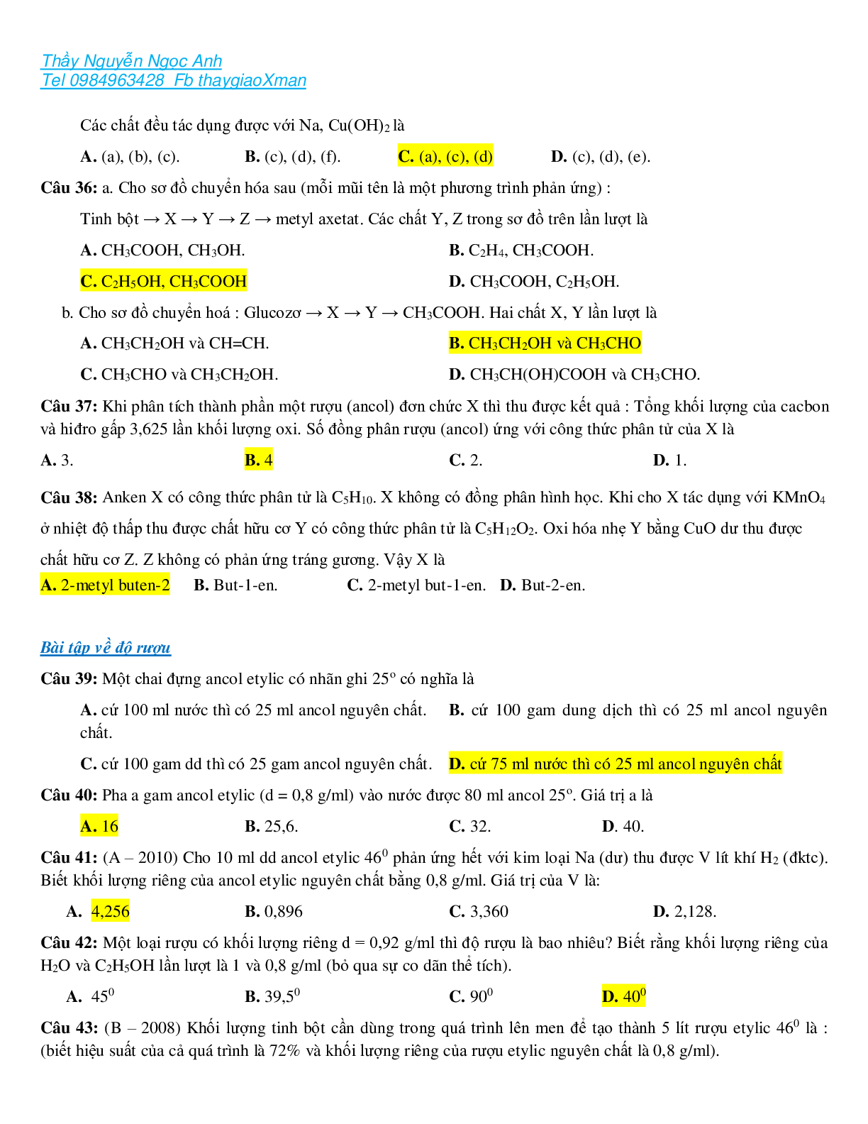 Các dạng bài tập về ancol có đáp án, chọn lọc (trang 4)