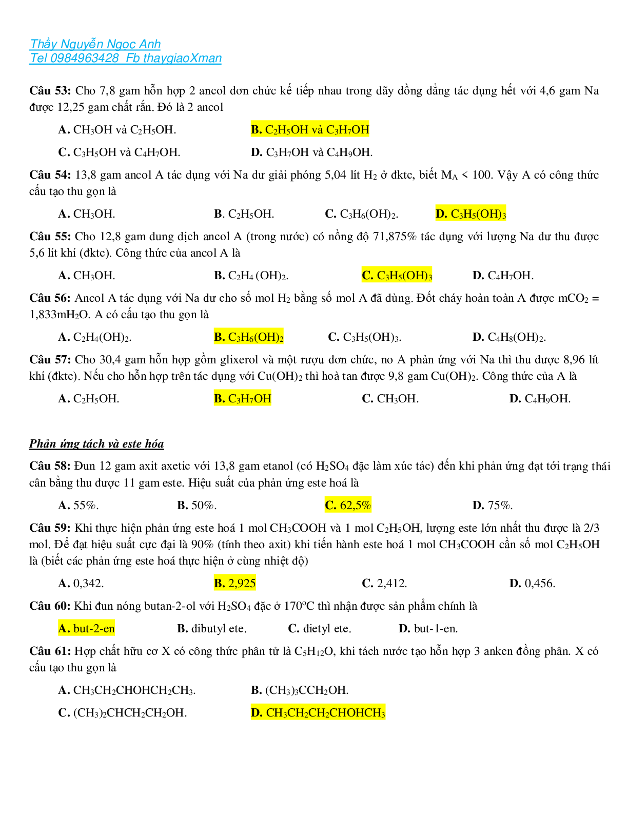 Các dạng bài tập về ancol có đáp án, chọn lọc (trang 6)