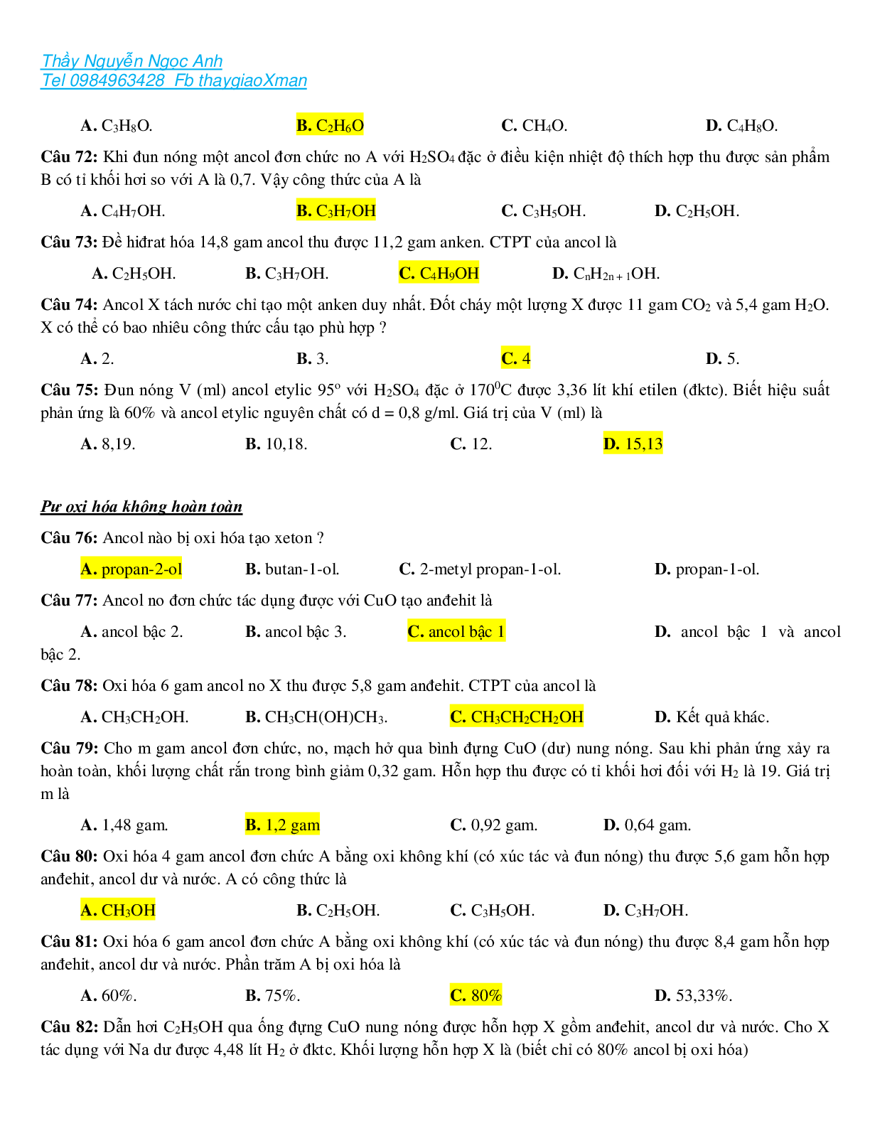 Các dạng bài tập về ancol có đáp án, chọn lọc (trang 8)