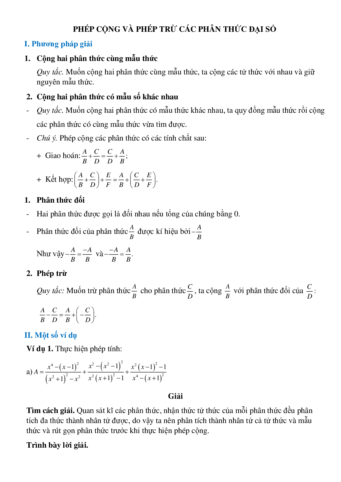 Phép cộng, phép trừ các phân số đại số (trang 1)