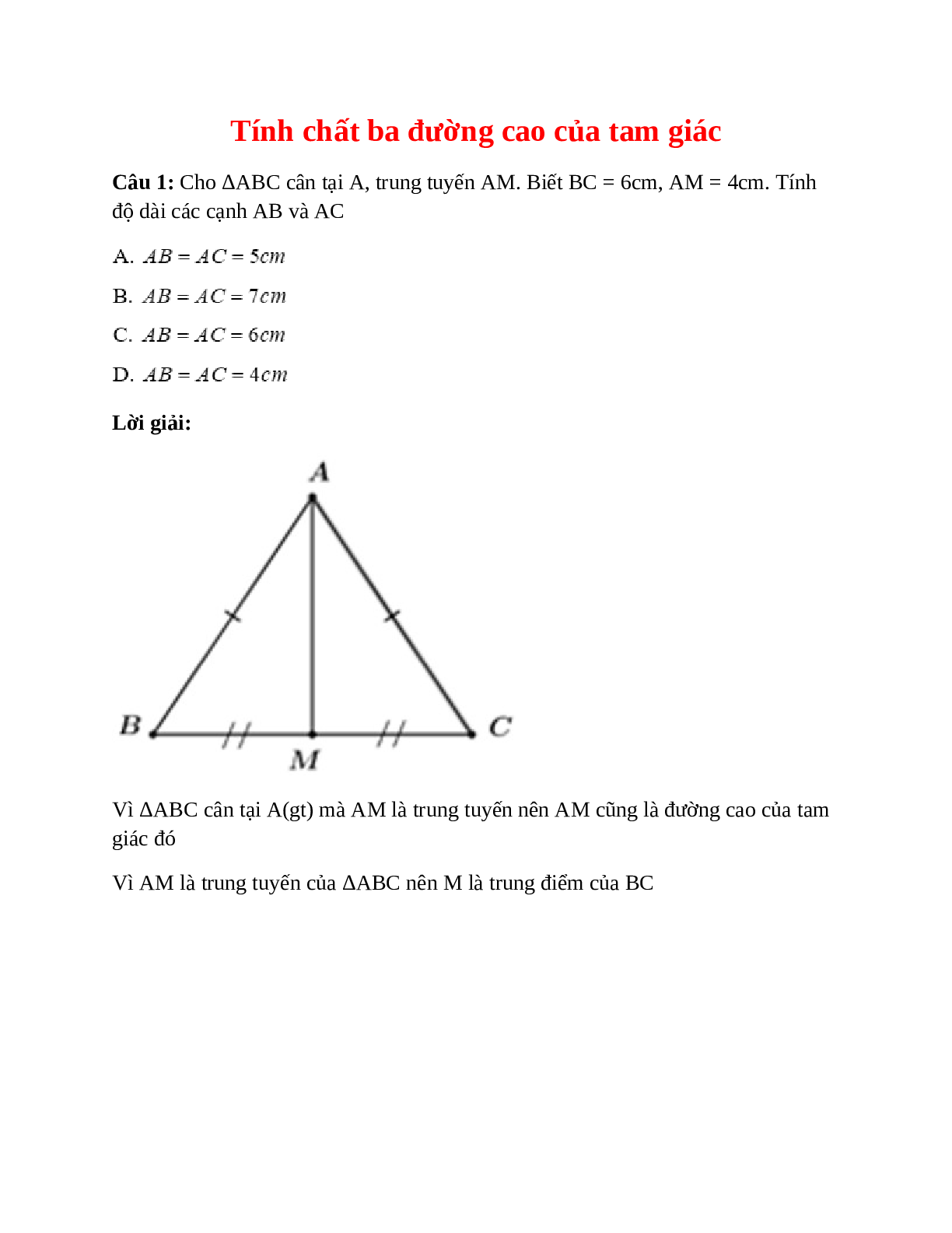 Trắc nghiệm Tính chất ba đường cao của tam giác có đáp án – Toán lớp 7 (trang 1)