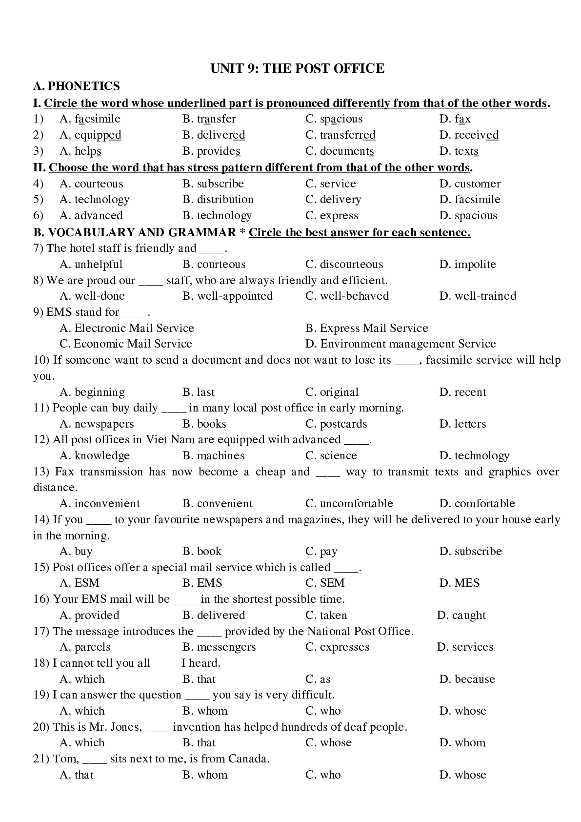 Bài tập tổng hợp về các Unit 9 đến Unit 15 tiếng anh lớp 11 có đáp án, chọc lọc (trang 1)