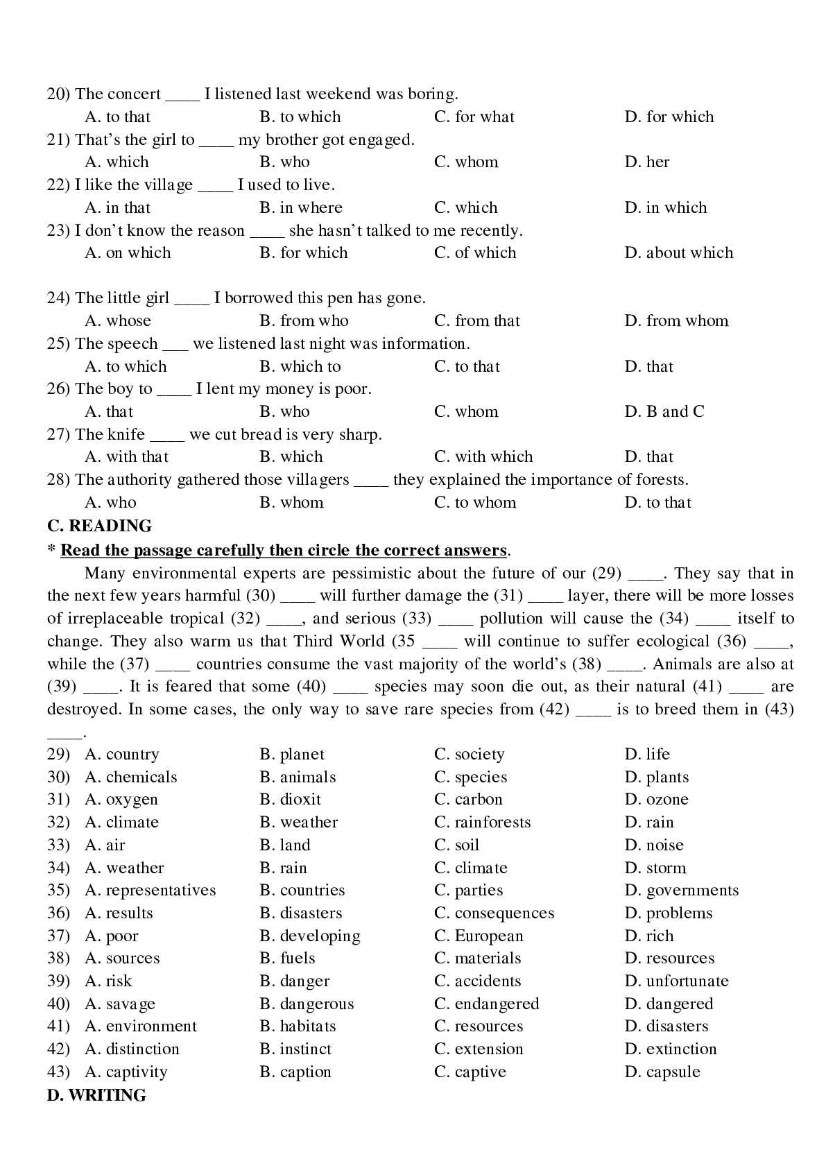 Bài tập tổng hợp về các Unit 9 đến Unit 15 tiếng anh lớp 11 có đáp án, chọc lọc (trang 4)