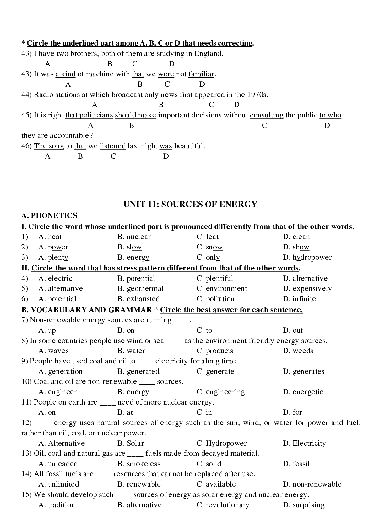Bài tập tổng hợp về các Unit 9 đến Unit 15 tiếng anh lớp 11 có đáp án, chọc lọc (trang 5)