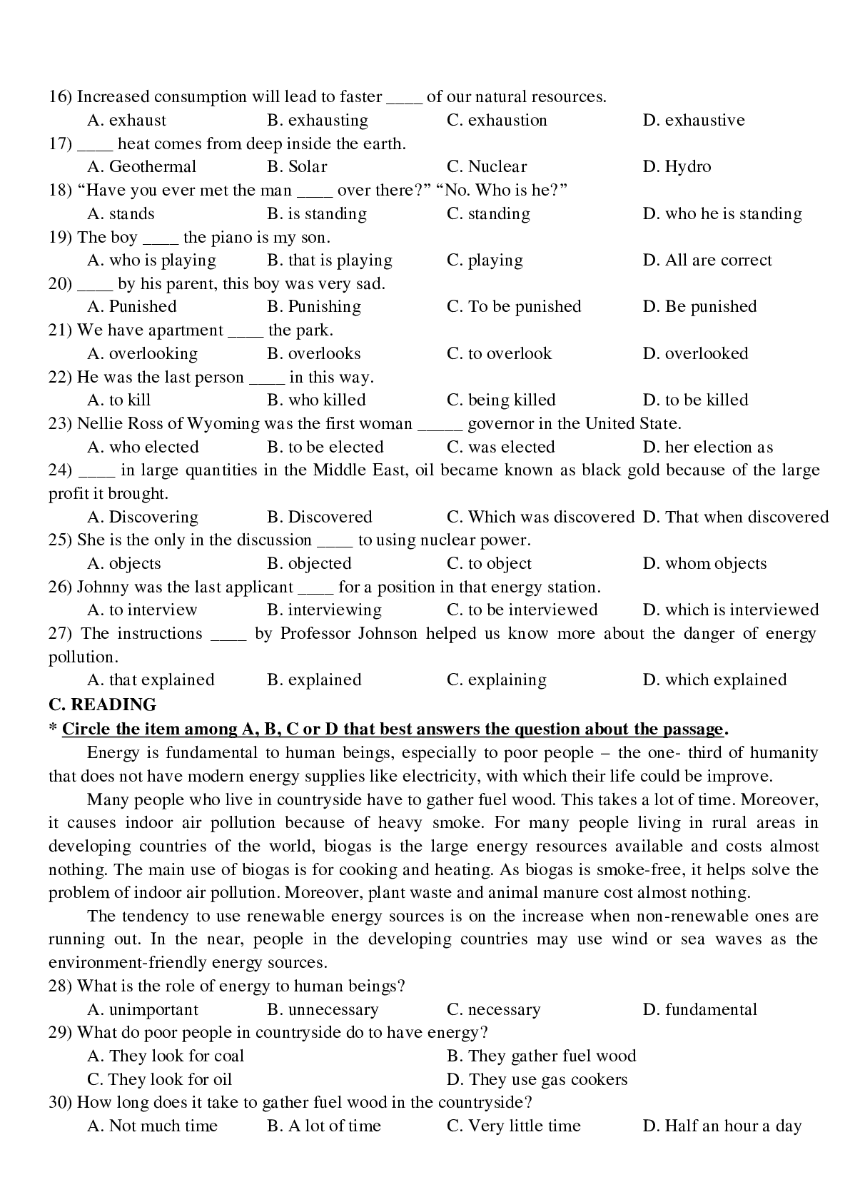 Bài tập tổng hợp về các Unit 9 đến Unit 15 tiếng anh lớp 11 có đáp án, chọc lọc (trang 6)