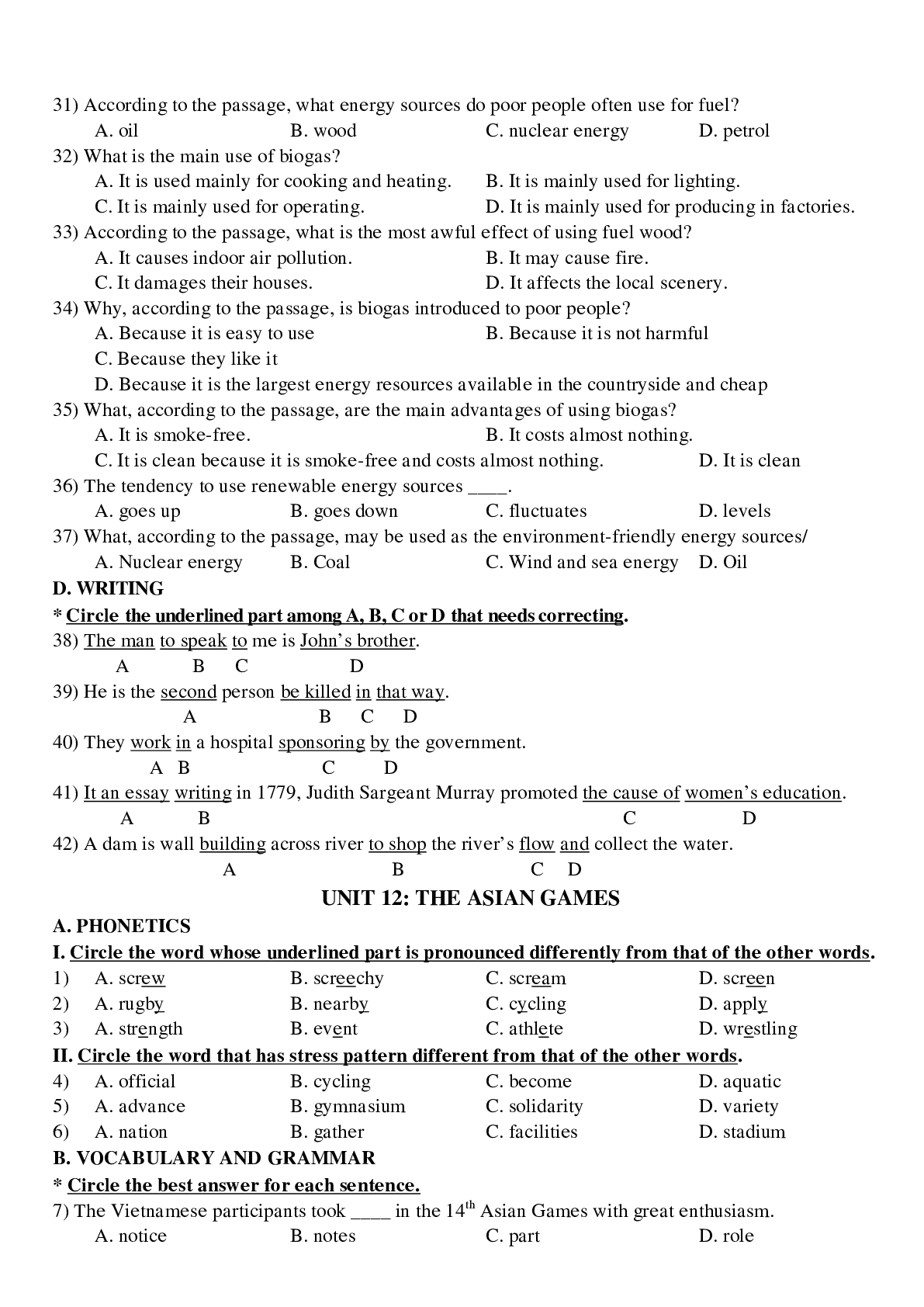 Bài tập tổng hợp về các Unit 9 đến Unit 15 tiếng anh lớp 11 có đáp án, chọc lọc (trang 7)