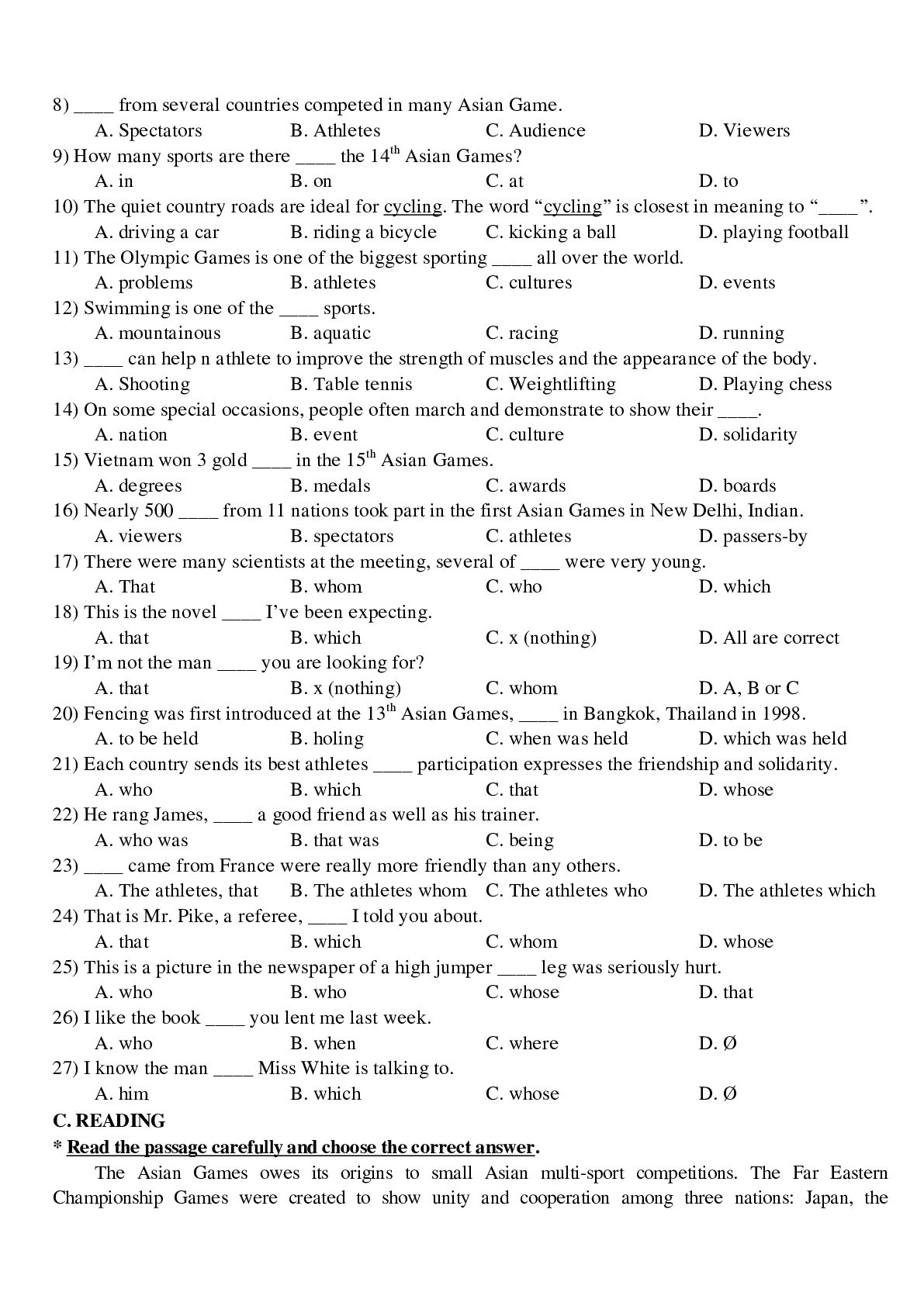 Bài tập tổng hợp về các Unit 9 đến Unit 15 tiếng anh lớp 11 có đáp án, chọc lọc (trang 8)