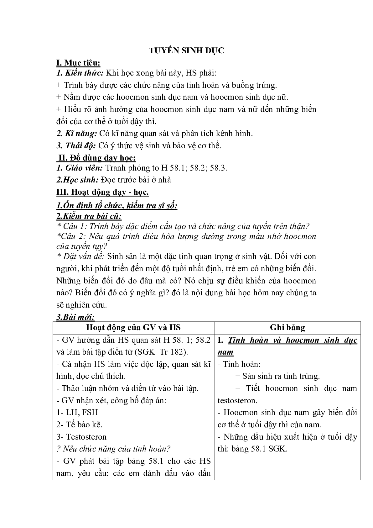 Giáo án Sinh học 8 Bài 58: Tuyến sinh dục mới, chuẩn nhất (trang 1)