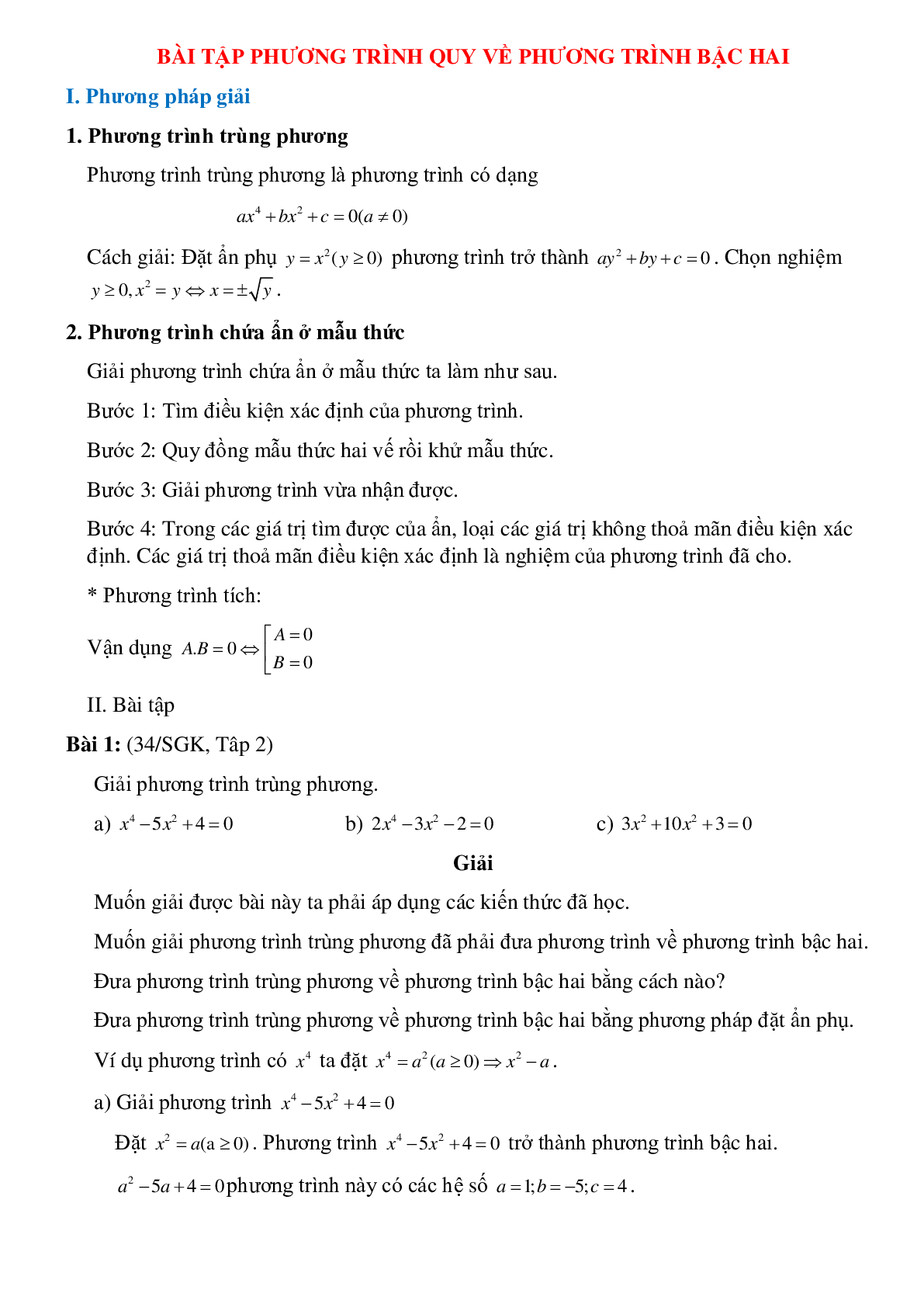 50 Bài tập Phương trình quy về phương trình bậc hai (có đáp án)- Toán 9 (trang 1)