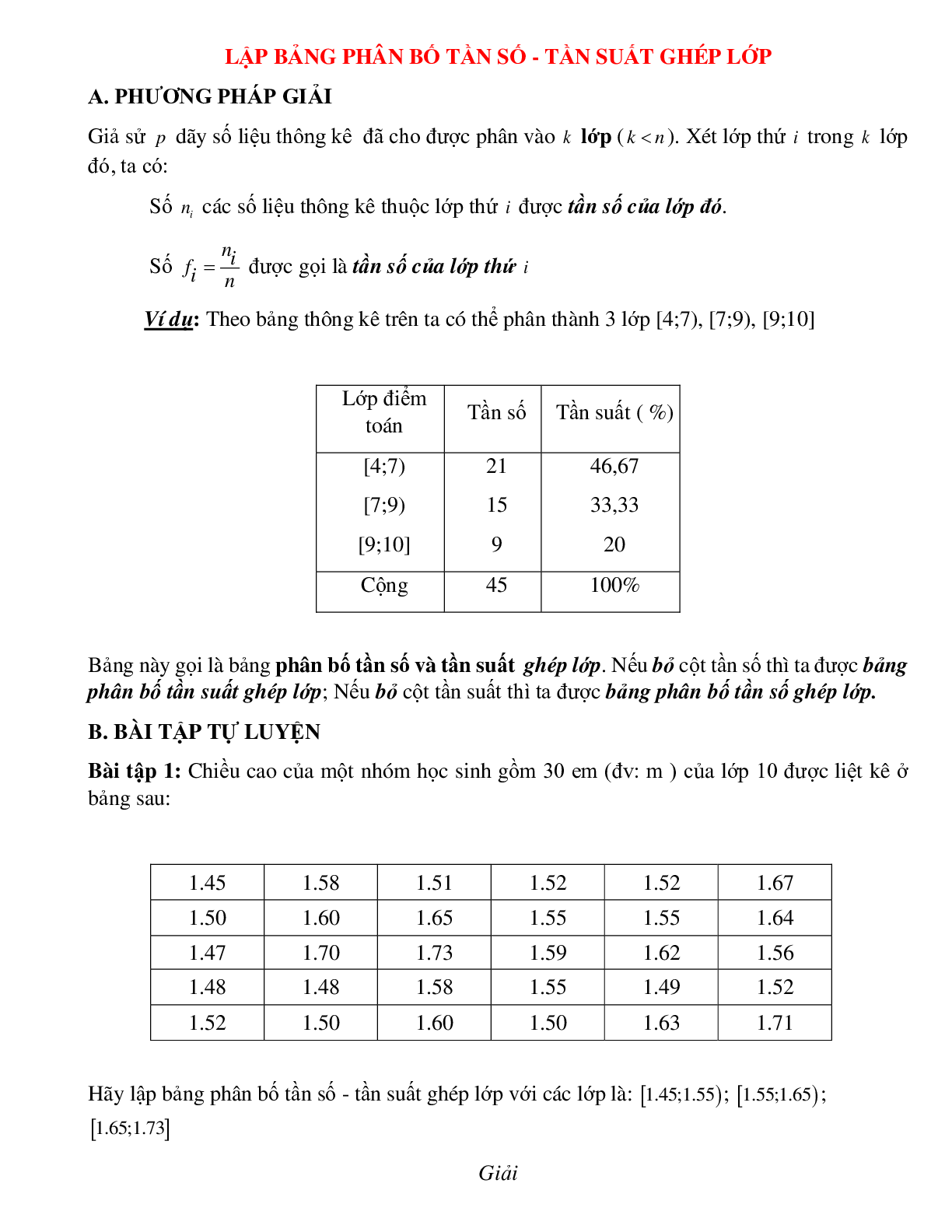Bài tập tự luyện lập bảng phân bố tần số và tần suất ghép lớn có đáp án (trang 1)