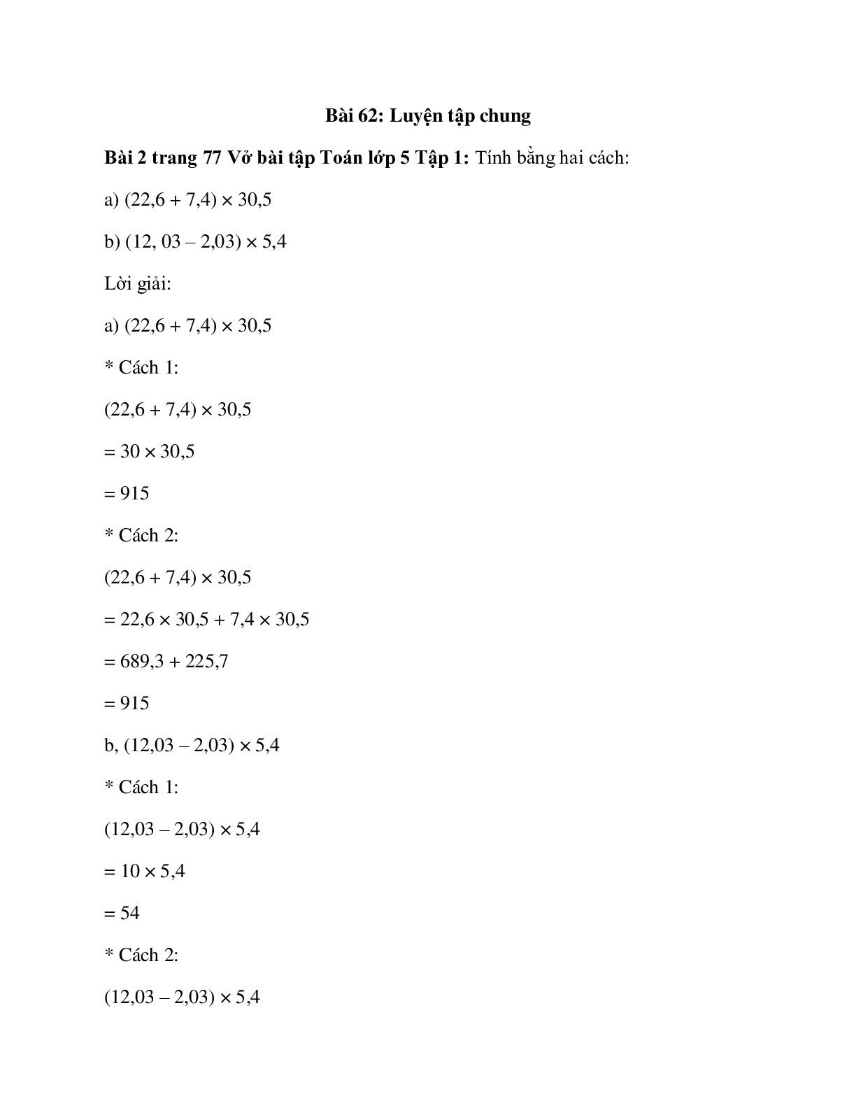 Tính bằng hai cách: (22,6 + 7,4) × 30,5 (trang 1)