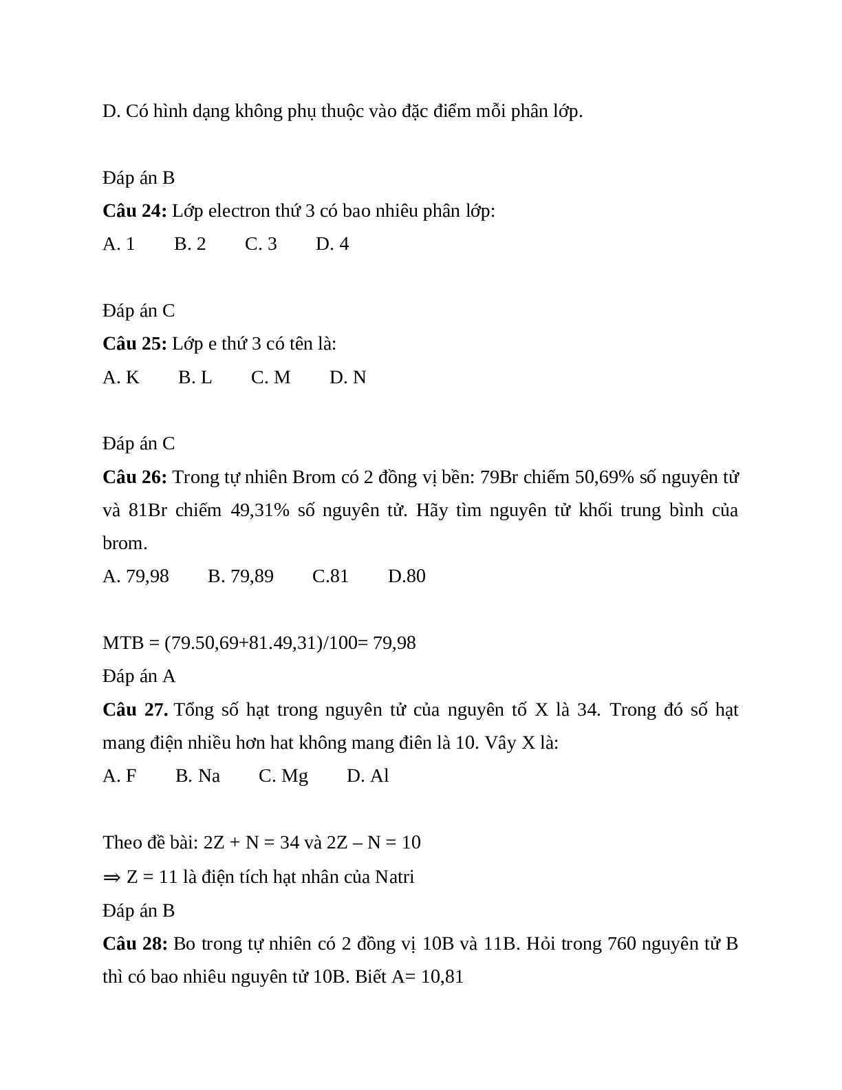 40 bài tập trắc nghiệm chương Nguyên tử hóa học 10 có đáp án (trang 6)