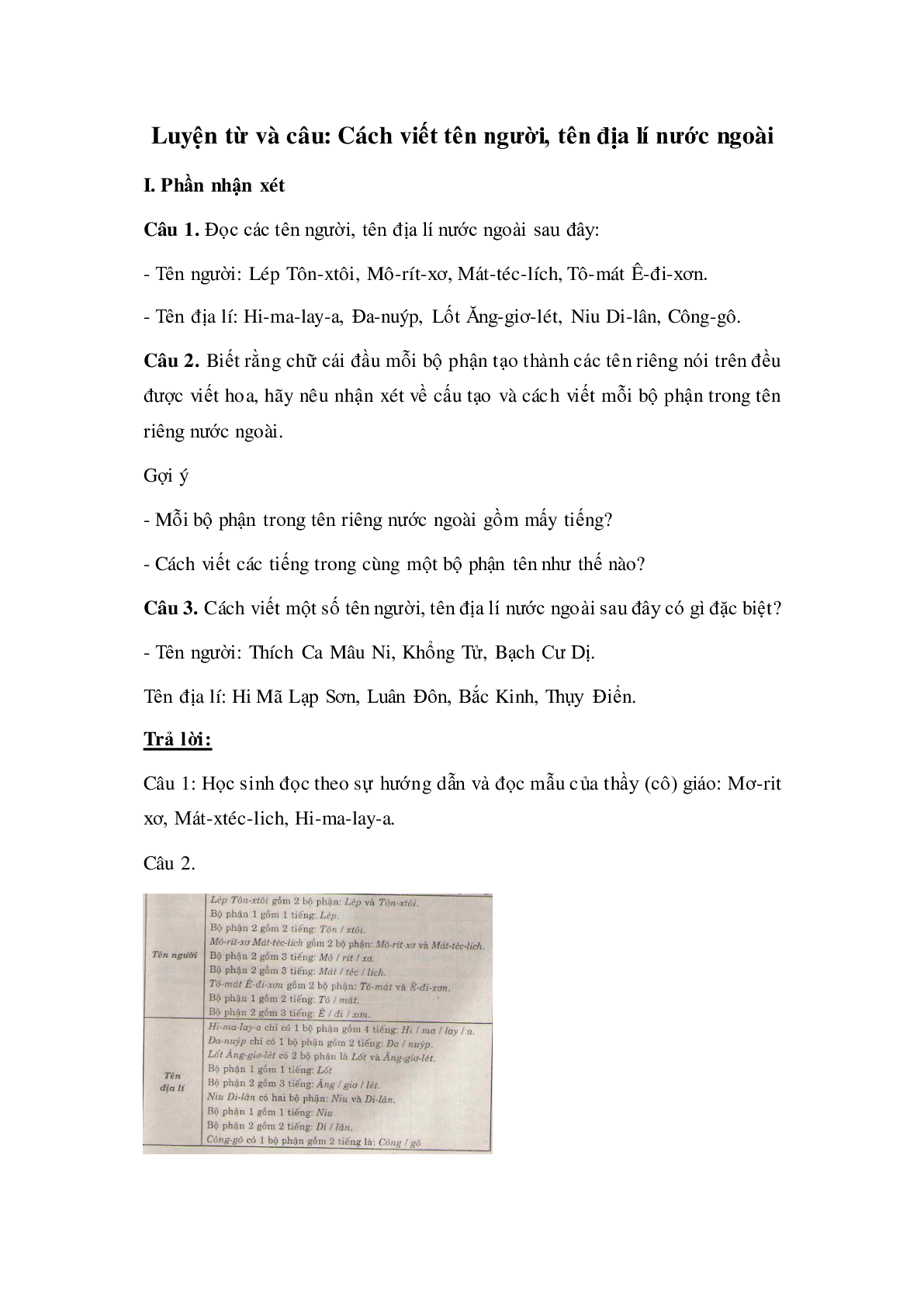 Soạn Tiếng Việt lớp 4: Luyện từ và câu: Cách viết tên người, tên địa lí nước ngoài mới nhất (trang 1)