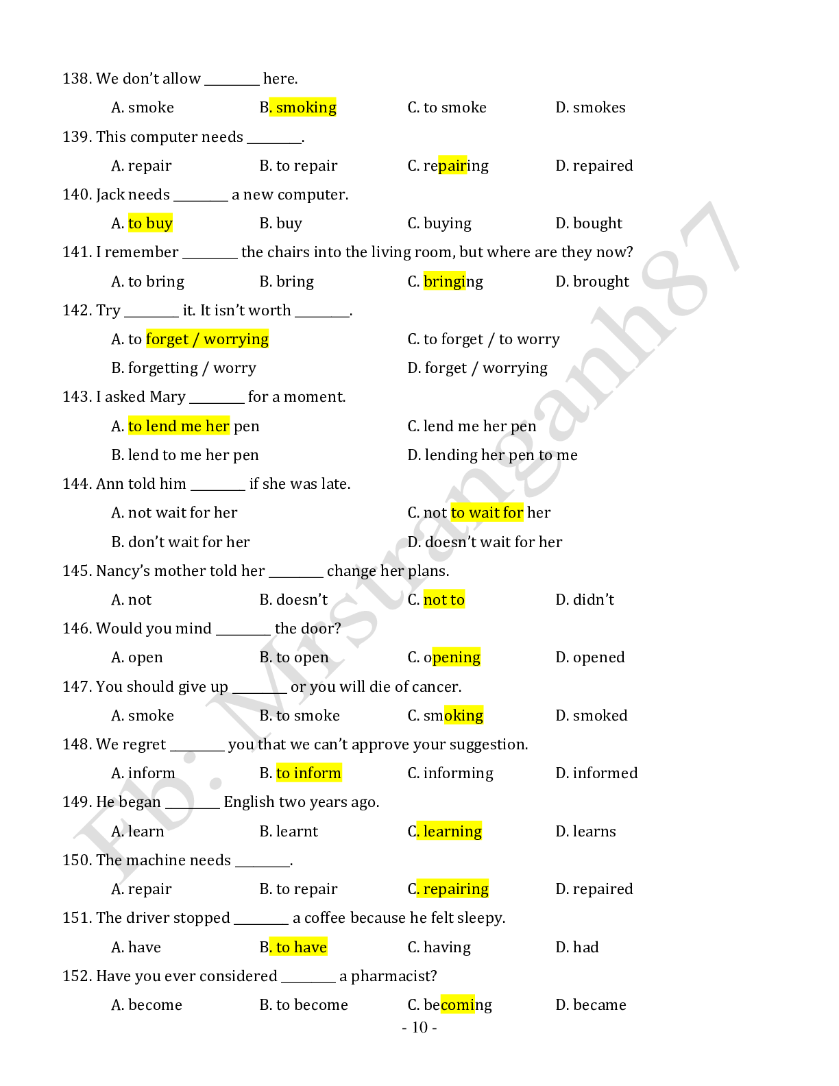 Chuyên đề: Danh động từ và động từ nguyên mẫu môn Tiếng Anh ôn thi THPTQG (trang 10)