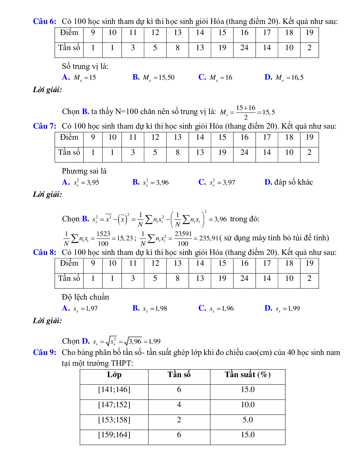 Bài tập tự luyện Xác định các số đặc trưng của mẫu số liệu có đáp án (trang 7)