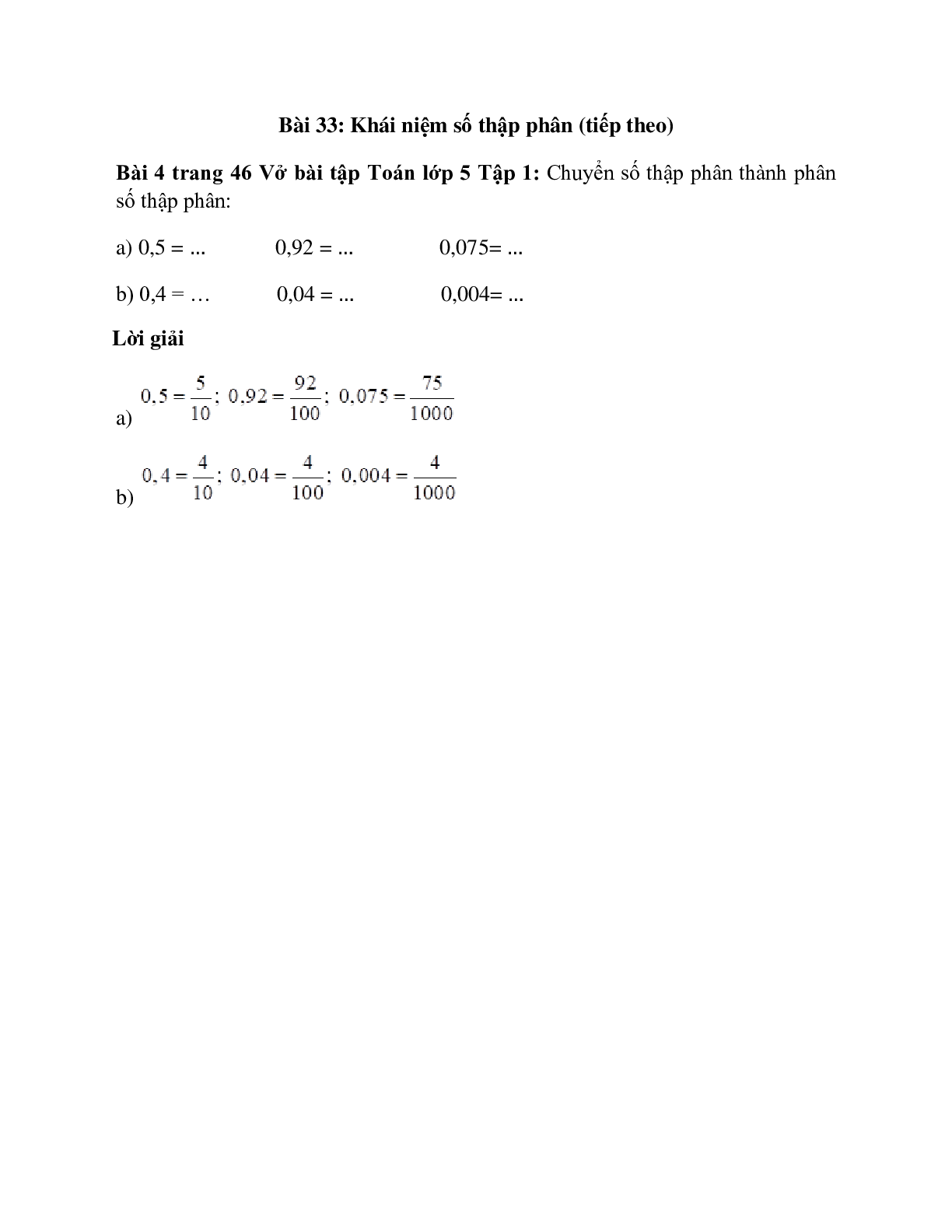 Chuyển số thập phân thành phân số thập phân Bài 4 trang 46 Vở bài tập Toán lớp 5 Tập 1 (trang 1)