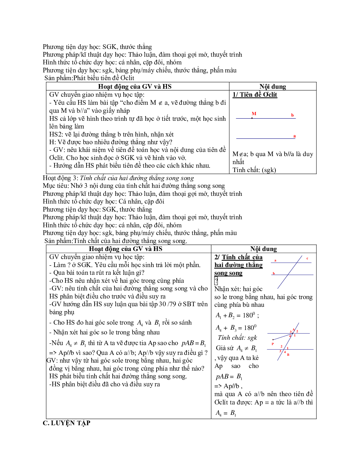Giáo án Toán 7 bài 5: Tiên đề Ơ-clit về đường thẳng song song mới nhất (trang 2)