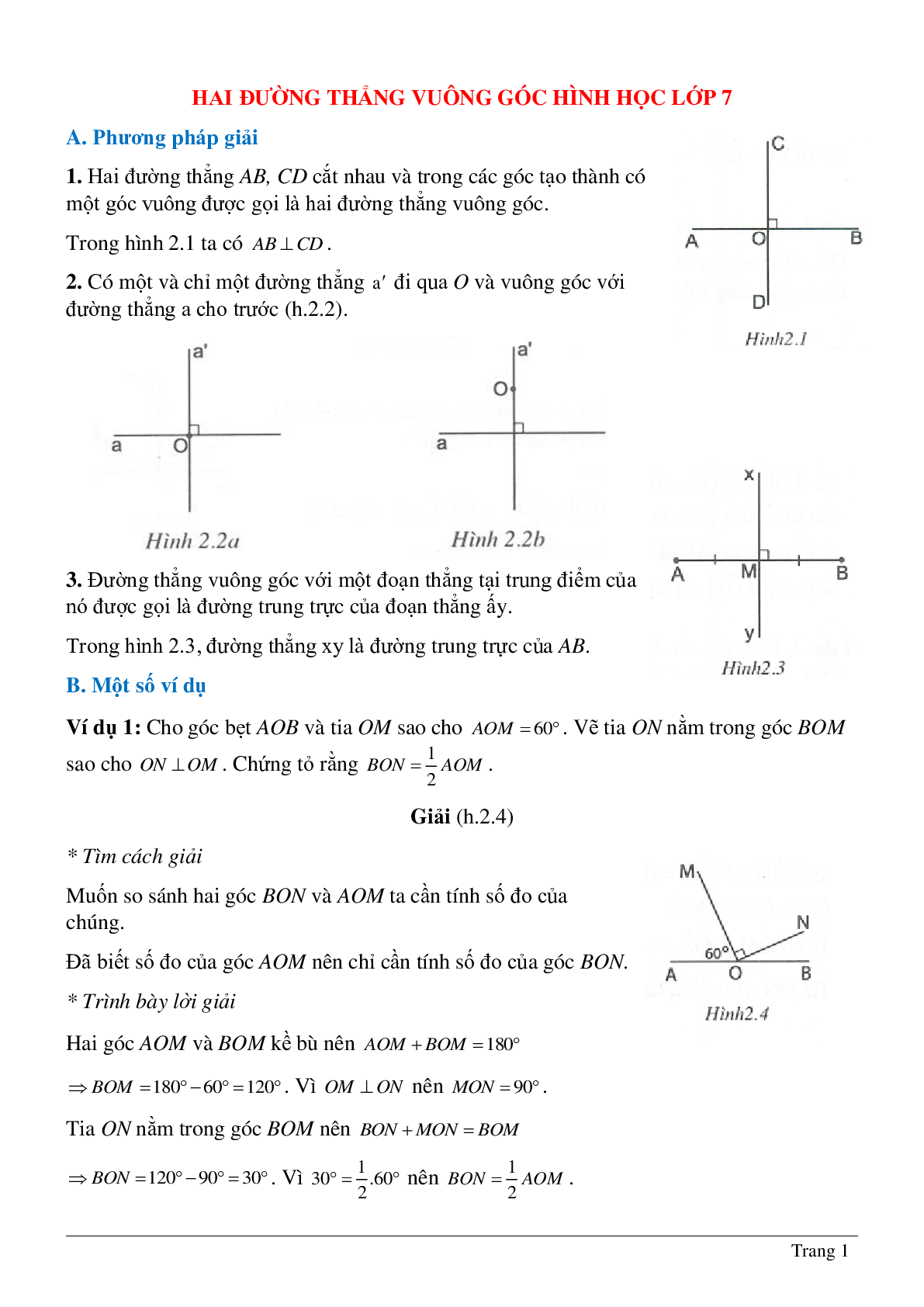 Tất tần tật về Hai đường thẳng vuông góc hình học lớp 7 (trang 1)