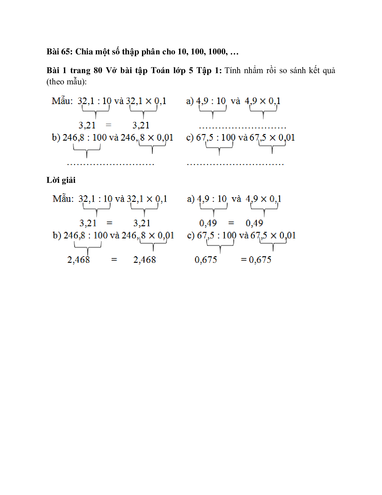 Tính nhẩm rồi so sánh kết quả (theo mẫu): Mẫu: 32,1 : 10 và 32,1 x 0,1 (trang 1)