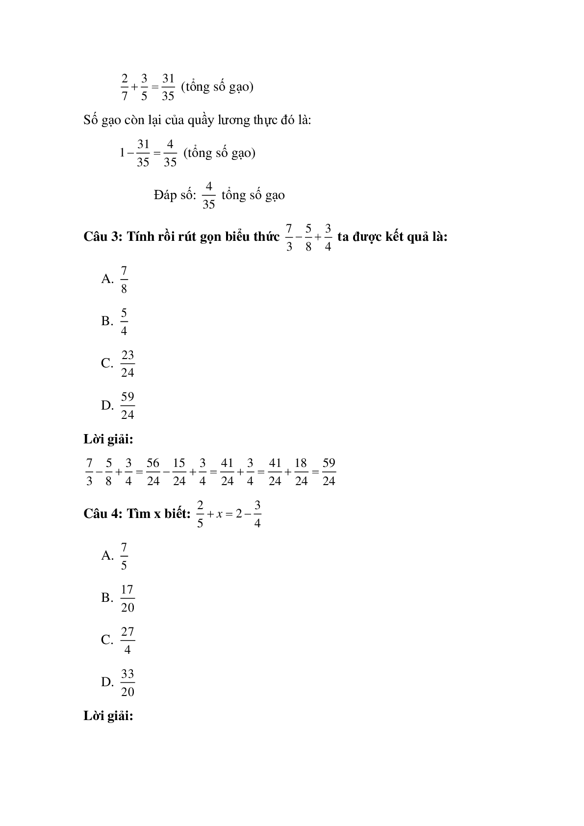 10 câu Trắc nghiệm Ôn tập phép cộng và phép trừ hai phân số có đáp án 2023 – Toán lớp 5 (trang 2)