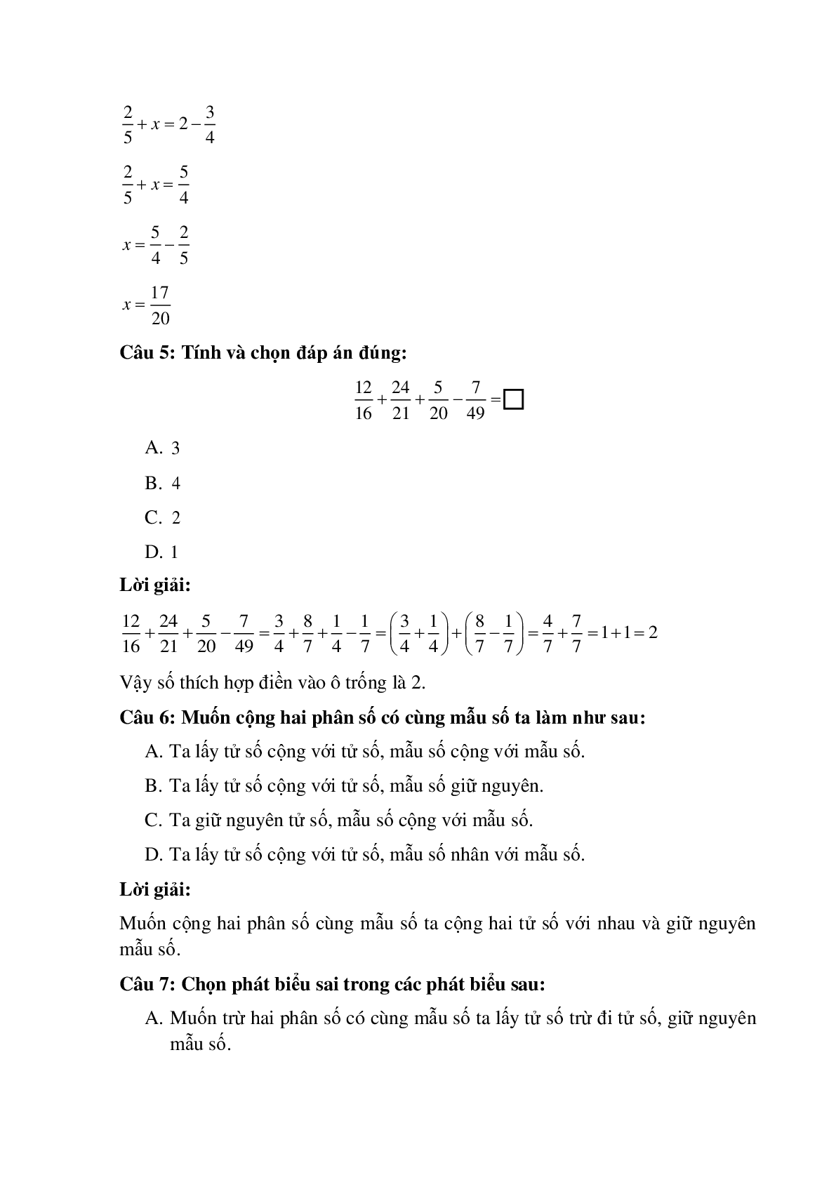 10 câu Trắc nghiệm Ôn tập phép cộng và phép trừ hai phân số có đáp án 2023 – Toán lớp 5 (trang 3)