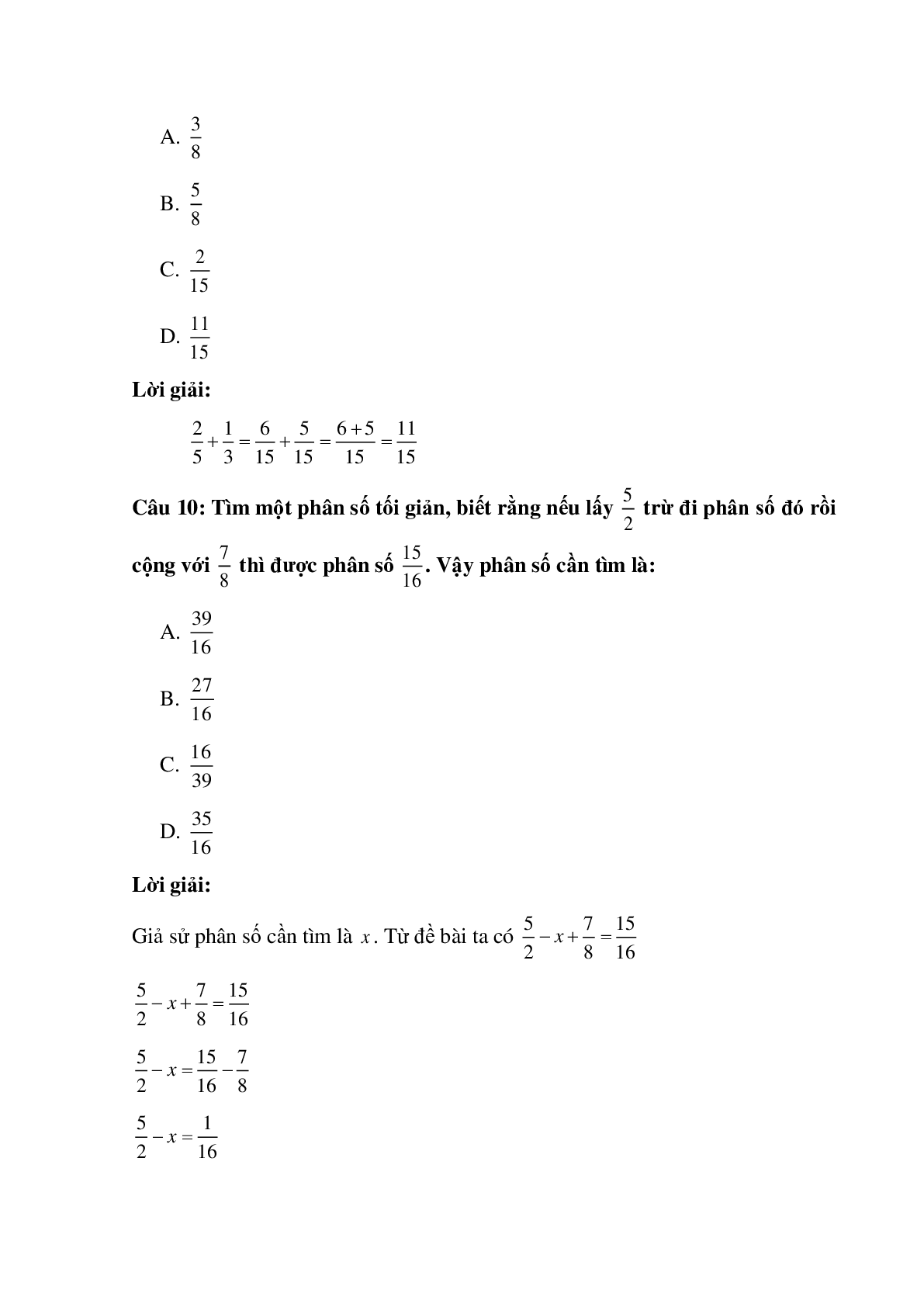 10 câu Trắc nghiệm Ôn tập phép cộng và phép trừ hai phân số có đáp án 2023 – Toán lớp 5 (trang 5)