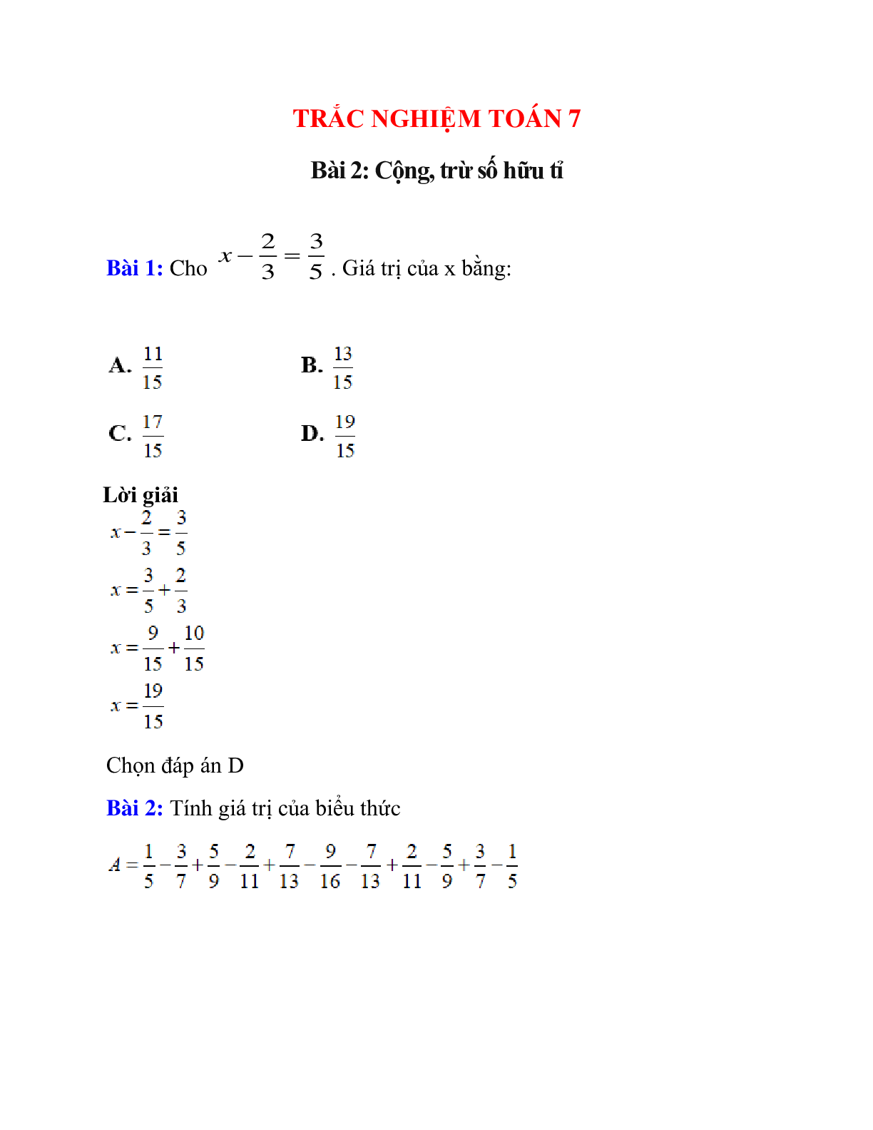 Trắc nghiệm Cộng, trừ số hữu tỉ có đáp án 2023 - Toán lớp 7 (trang 1)