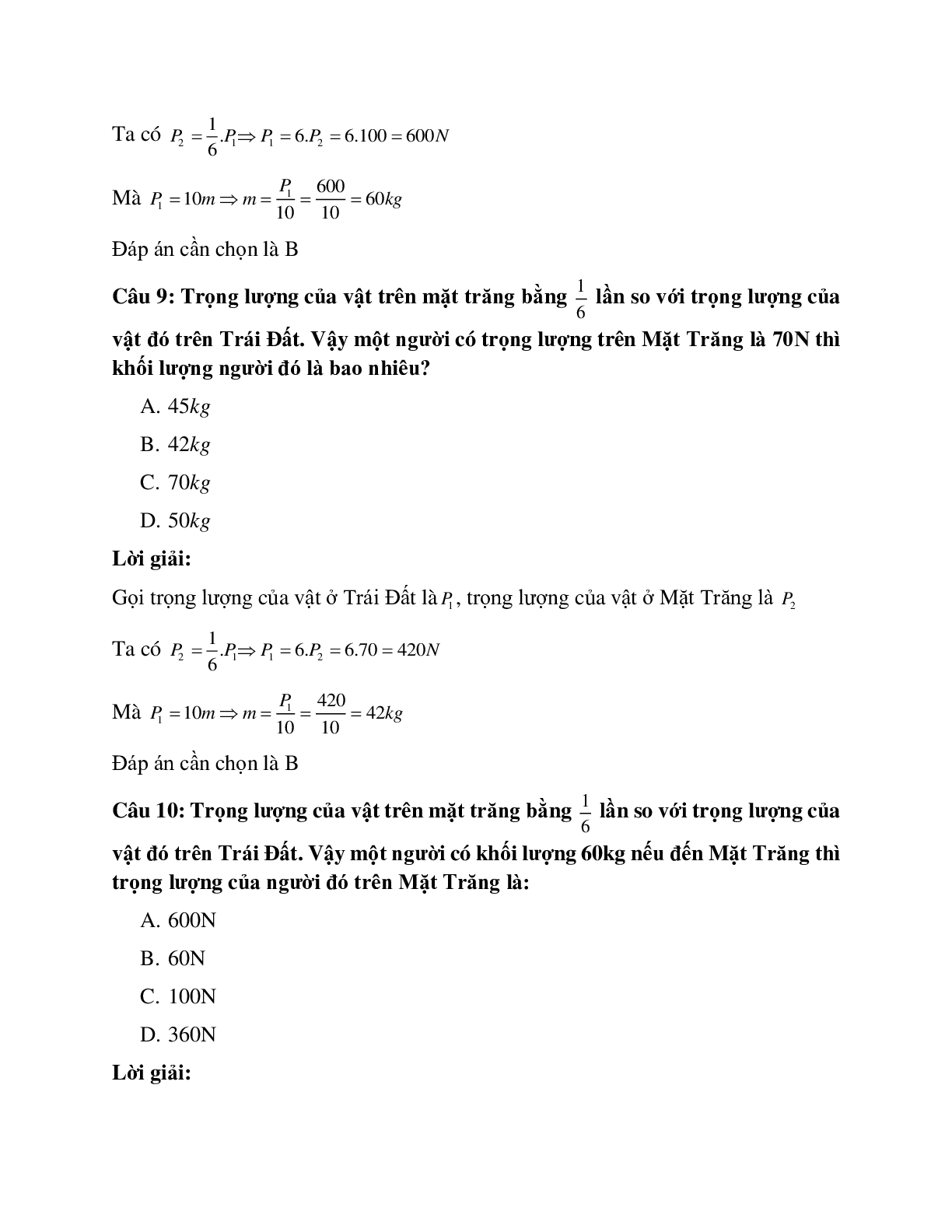 Trắc nghiệm Vật lý 6 Bài 10 có đáp án: Bài tập Lực kế - Phép đo lực - Trọng lượng và khối lượng (trang 4)