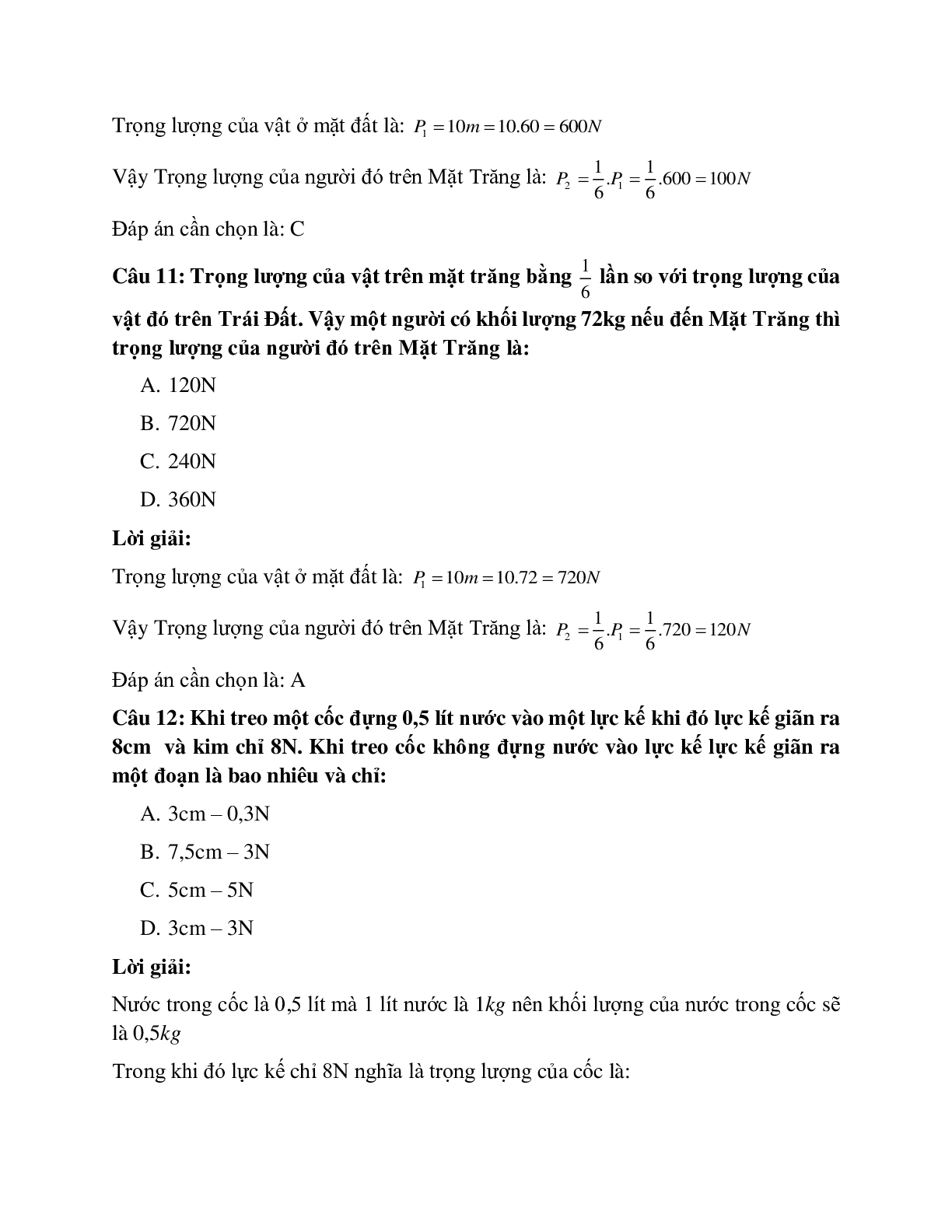 Trắc nghiệm Vật lý 6 Bài 10 có đáp án: Bài tập Lực kế - Phép đo lực - Trọng lượng và khối lượng (trang 5)