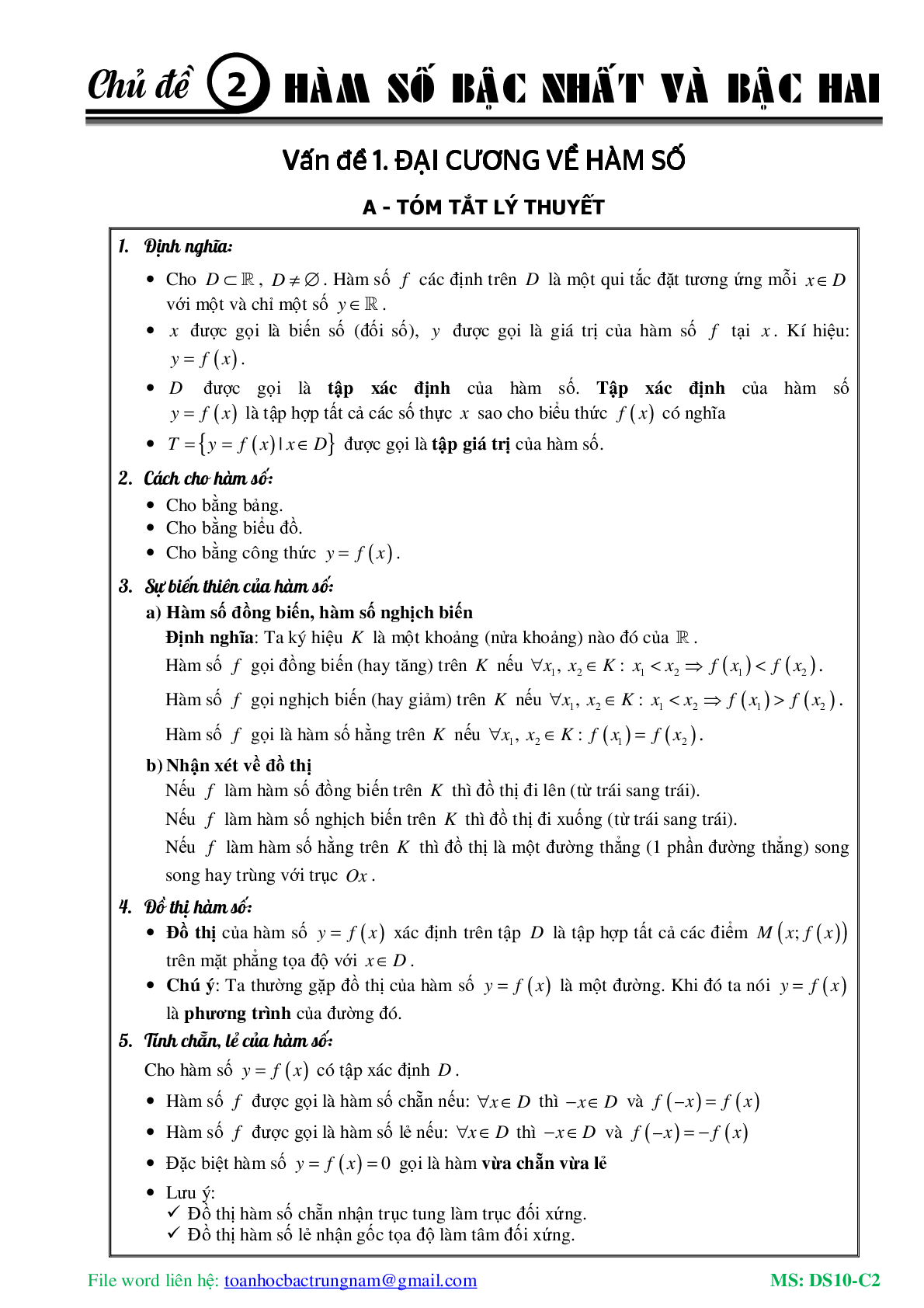 Chuyên đề về hàm số bậc nhất và hàm số bậc hai (trang 2)