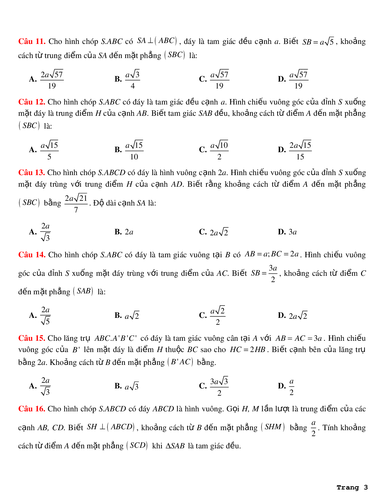 18 bài tập về khoảng cách từ điểm đến mặt phẳng (dạng 3) (trang 3)