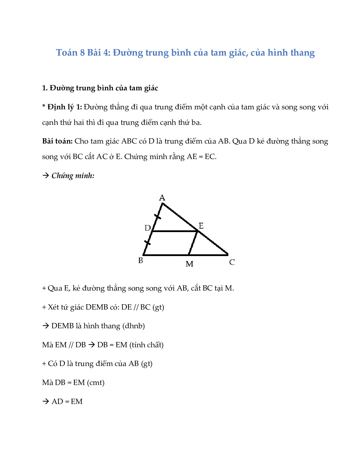 Lý thuyết Toán lớp 8 Bài 4: Đường trung bình của tam giác, đường trung bình của hình thang (trang 1)
